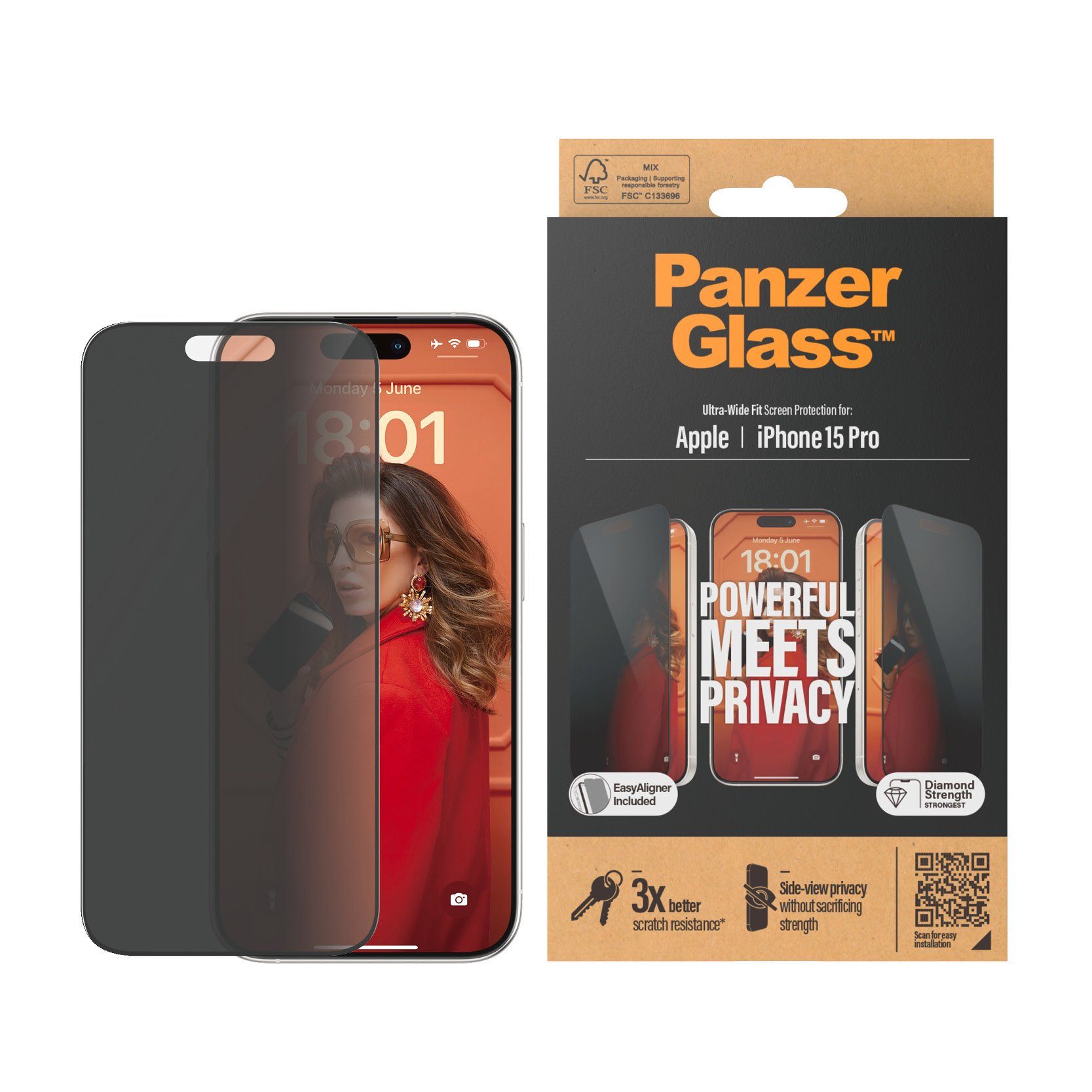 PanzerGlass Displayschutzglas Privacy Screen Protector Glass für iPhone 15 Pro, Ultra Wide Fit