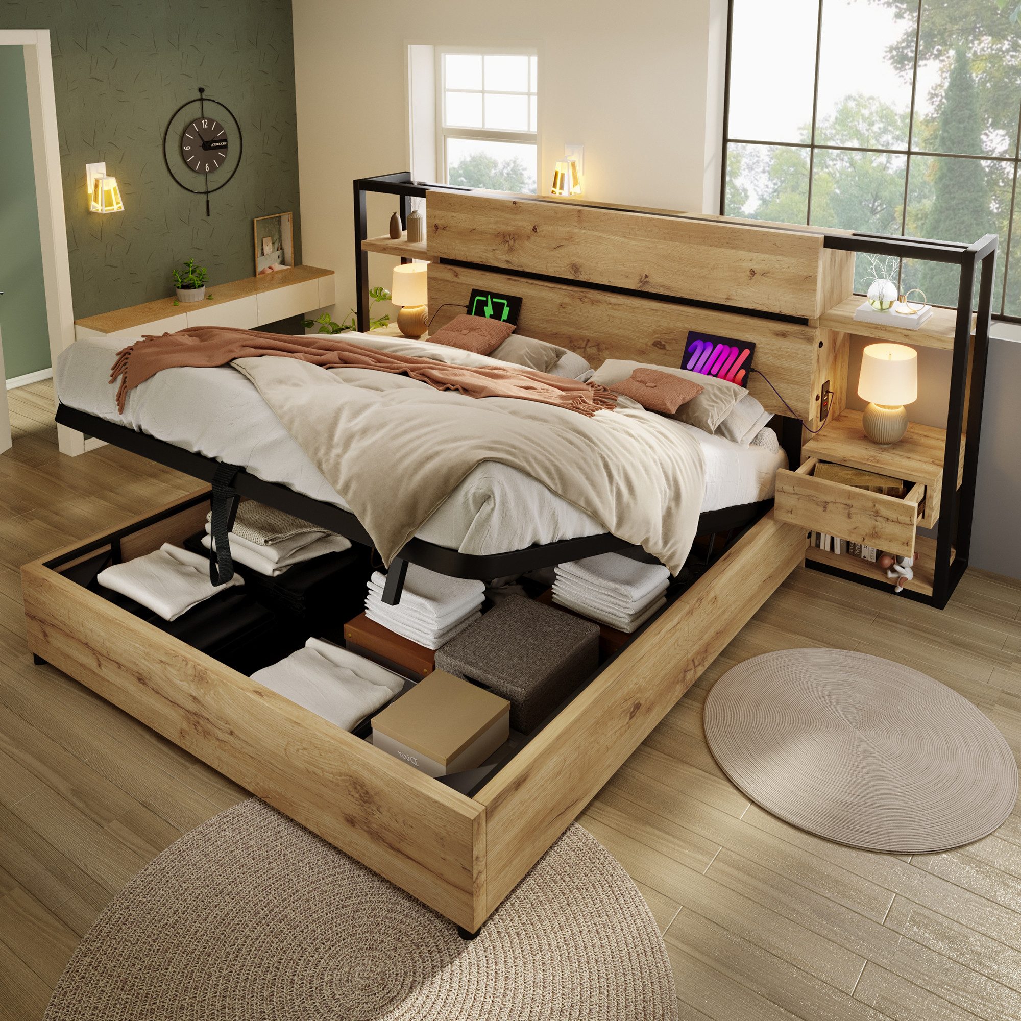 Stauraumbett Holzbett Doppelbett Hydraulik USB Kopfteil 160/180×200cm Natur