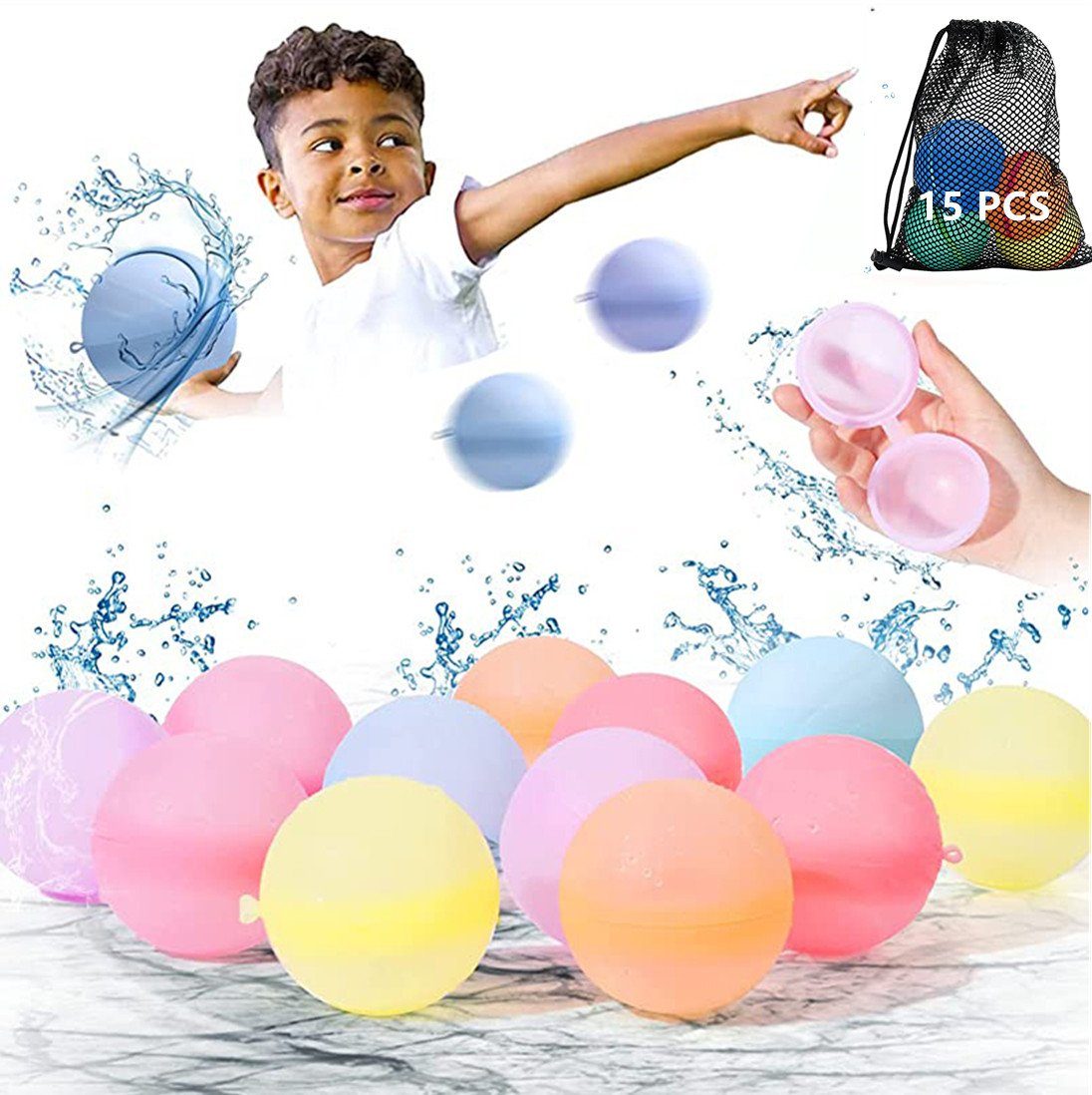 XDeer Wasserball Wiederverwendbare Wasserbomben,Reusable Water Balloon (15-St), mit Netzbeutel,Schnell Befüllbar,Selbstdichtende Silikonbälle