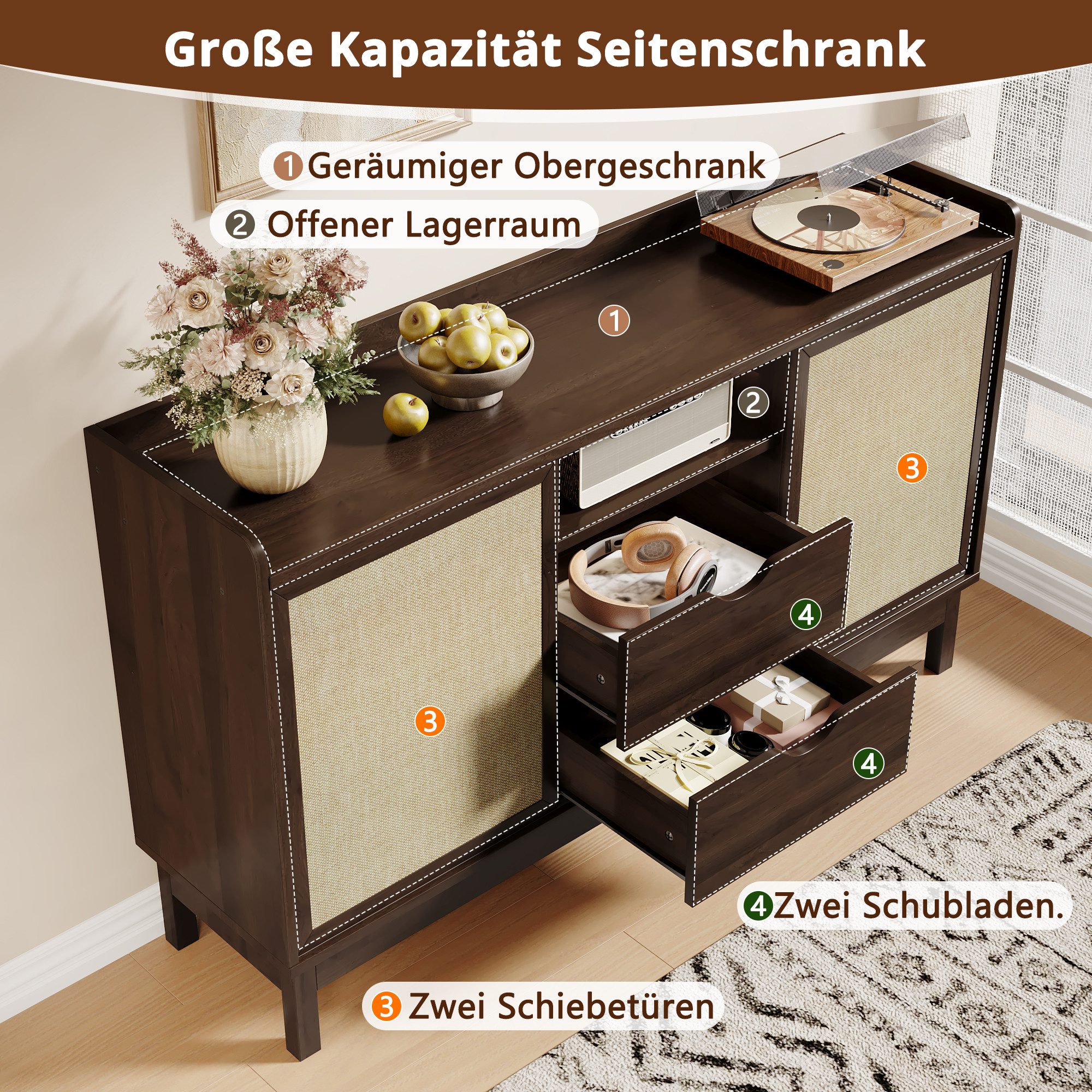 Merax Sideboard Retro Anrichte Wohnzimmerschrank Buffetschrank (1 St., Aufbewahrungsmöbel für Wohn- und Esszimmer), Kommode mit Schiebetüren, 2 Schubladen & off – Bild 5 von 5