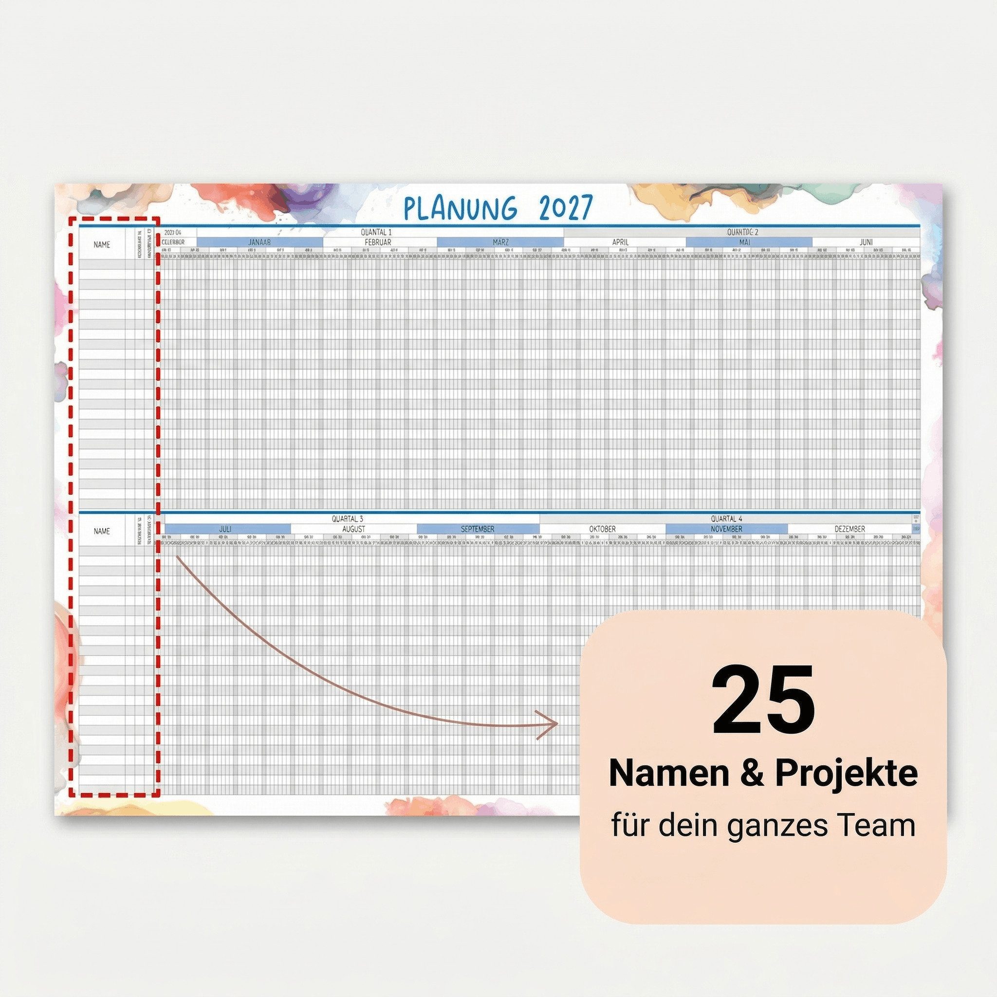 TOBJA Wandkalender Urlaubsplaner 2027 A2 Wandplaner 25 Mitarbeiter Aquarell, Urlaubskalender Mitarbeiterplaner Dienstplan Projektplaner – Bild 4 von 5
