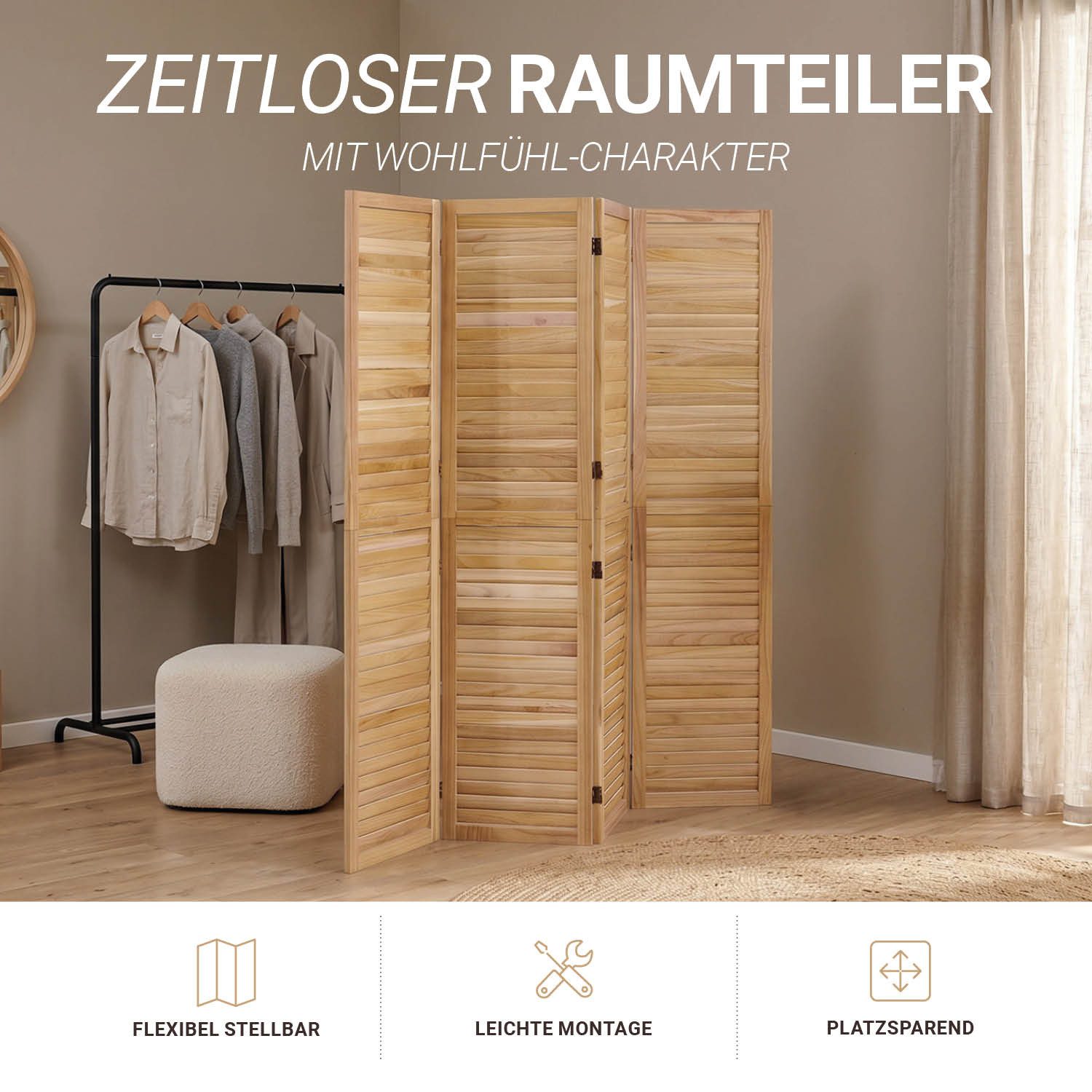 Homestyle4u Paravent Raumteiler Indoor Holz 4-tlg Trennwand Sichtschutz faltbar (4-teilig)
