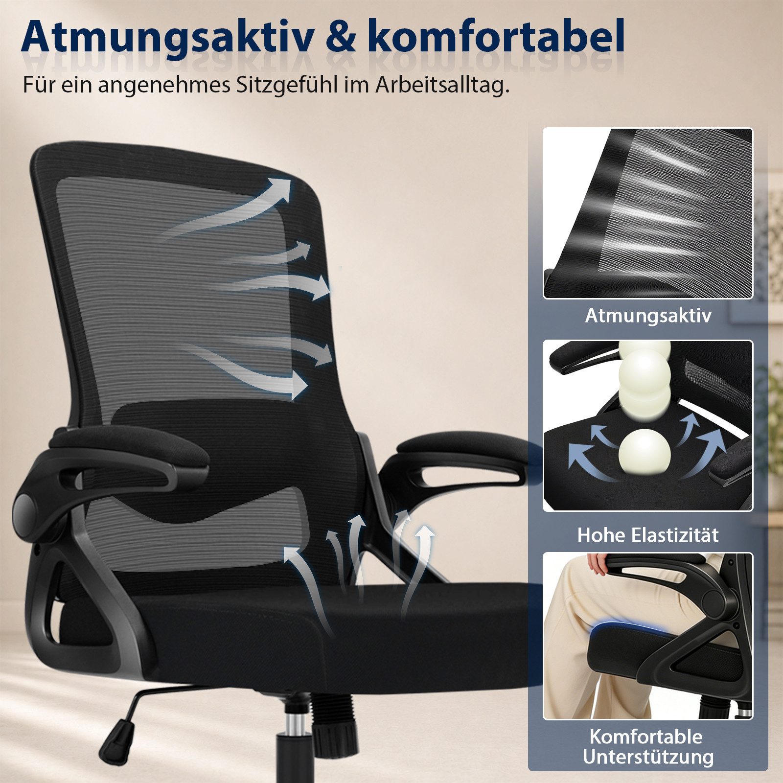 Hoolamyie Bürostuhl Schreibtischstuhl mit klappbaren Armlehnen & 2D-Lendenstütze (Atmungsaktiver Mesh-Rücken mit Lendenstütze, Wippfunktion, gepolsterten Klappa – Bild 5 von 5