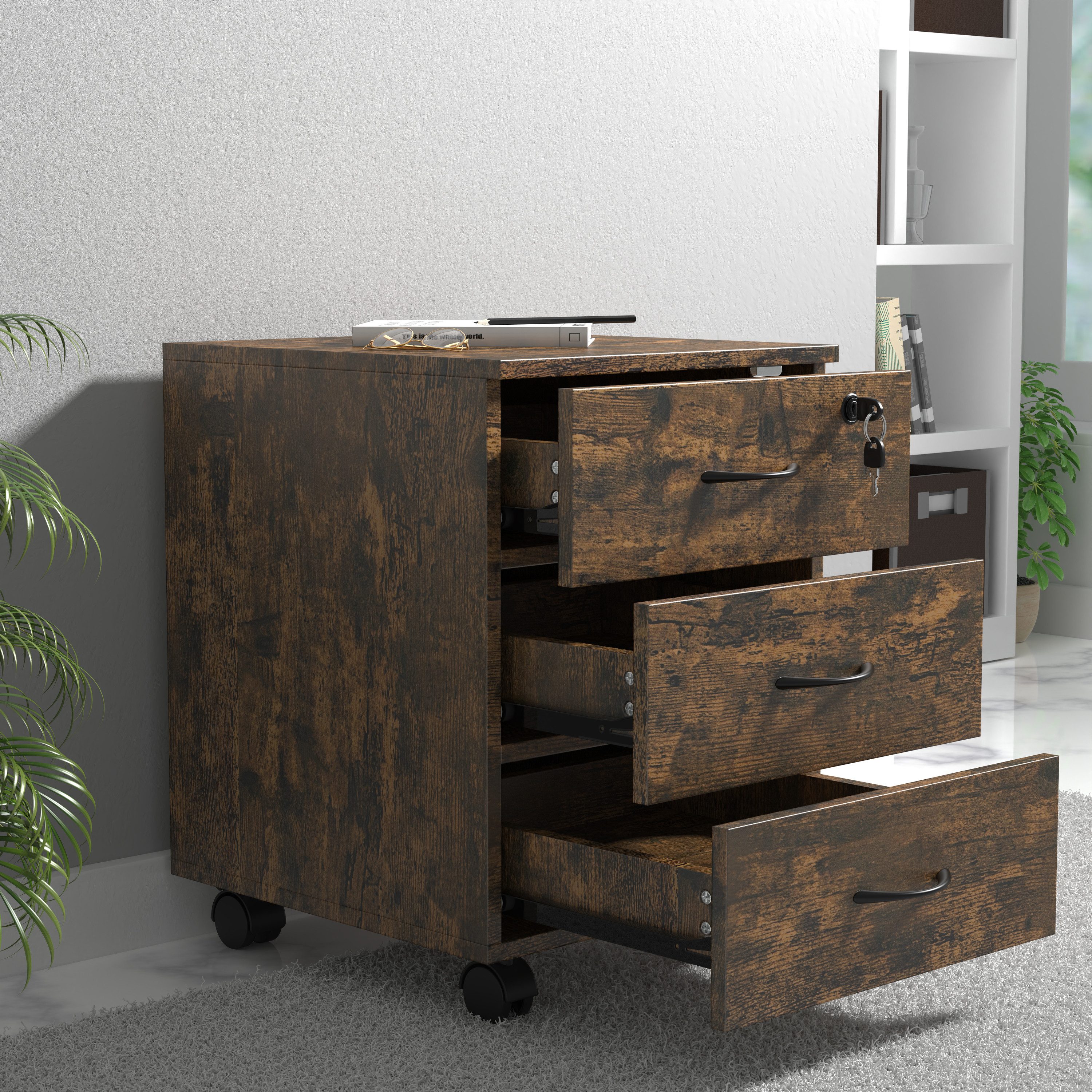 VCM Rollcontainer Büroschrank Baula H. 55 x B. 40 x T. 44 cm, Beistellcontainer mit drei Schubladen, Bürocontainer abschließbar