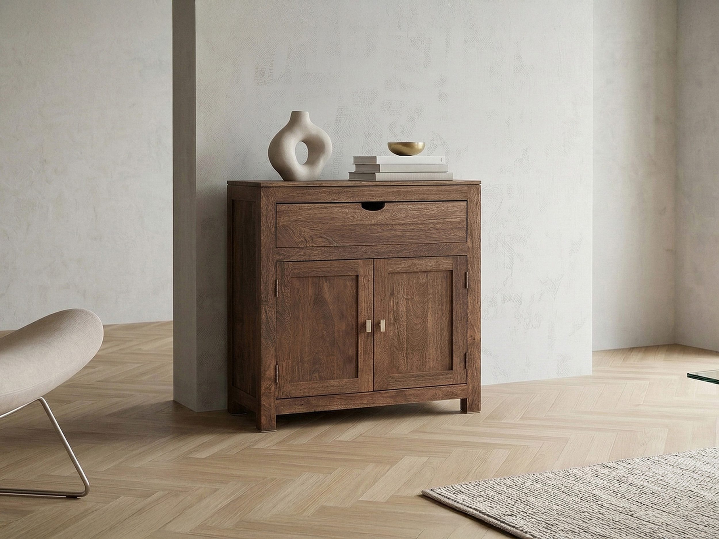 Massivart® Kommode Breite 90 cm, Massivholz Mangoholz dunkel gebeizt »MANGALA«, montiert · 1 Schublade · Einlegeboden · viel Stauraum