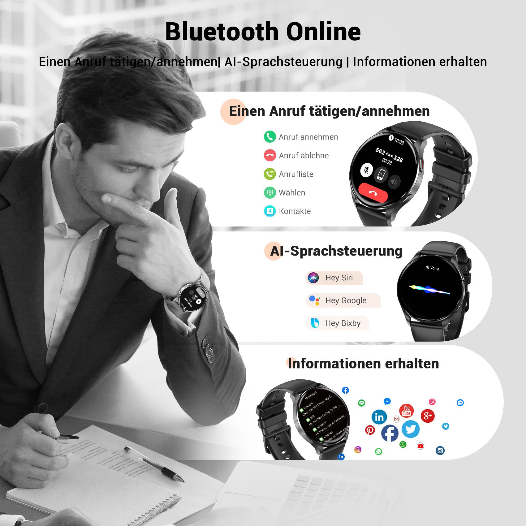 blackview Smartwatch Herren Damen,1,43" AMOLED,380mAh (5 Tage), Bluetooth-Anrufe Smartwatch (1.43 Zoll, IOS/Android), 1-tlg., 3× Armband (Metallarmband+Silikonarmband + Geflochtenes Uhrenarmband), Antwort&Anruf tätigen,KI-Sprachassistent,HR,SpO2,Schlaf,Schritten,IP68