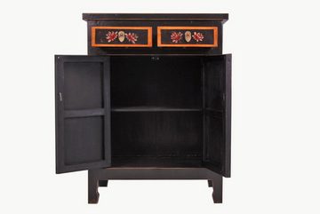 OPIUM OUTLET Kommode Sideboard Schrank Hochzeitsschrank Möbel, Breite 85 cm; Tiefe 46 cm; Höhe 112 cm; komplett montiert, Hoch-Kommode Landhaus Vintage-Stil asiatisch orientalisch chinesisch rot-schwarz