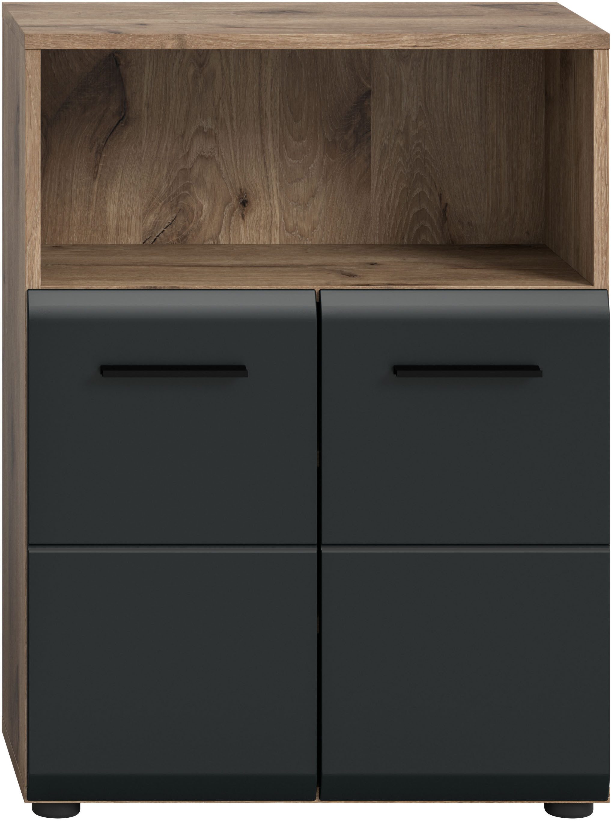 welltime Midischrank FLORENZ, TOPSELLER!, Breite 60 cm, 2 Türen, 1 Fachboden, 1 offene Fach (1-St., TOPSELLER) hochwertige MDF Front, Griff schwarz, Badschrank, Bad