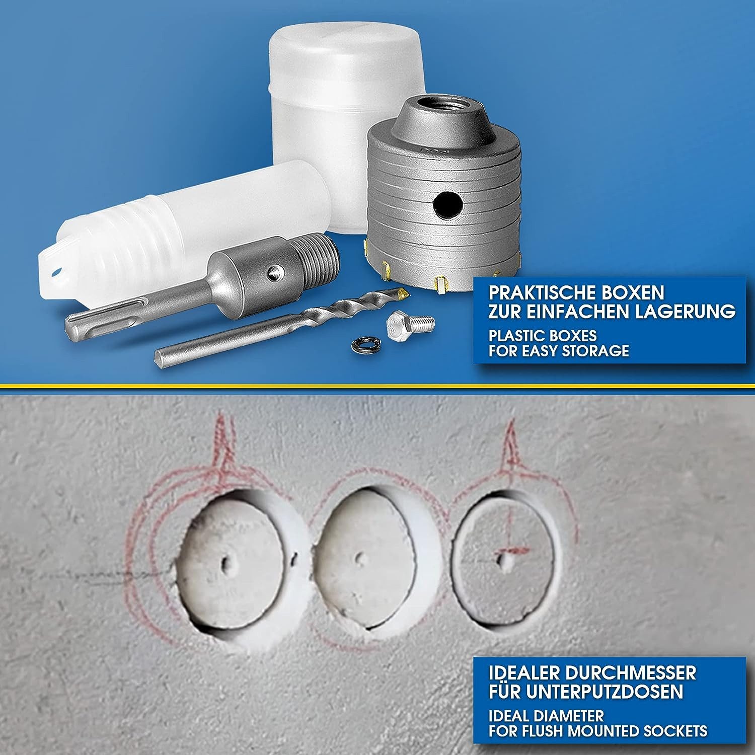 S&R Hohlbohrkrone Ø 68mm Hammerschlagfest, für Bohrhämmer, Lochsäge, Steckdosenbohrer, Ø 68 mm, Set, 3-tlg., + mit SDS plus Adapter 110mm und Zentrierbohrer 8x1 – Bild 4 von 5
