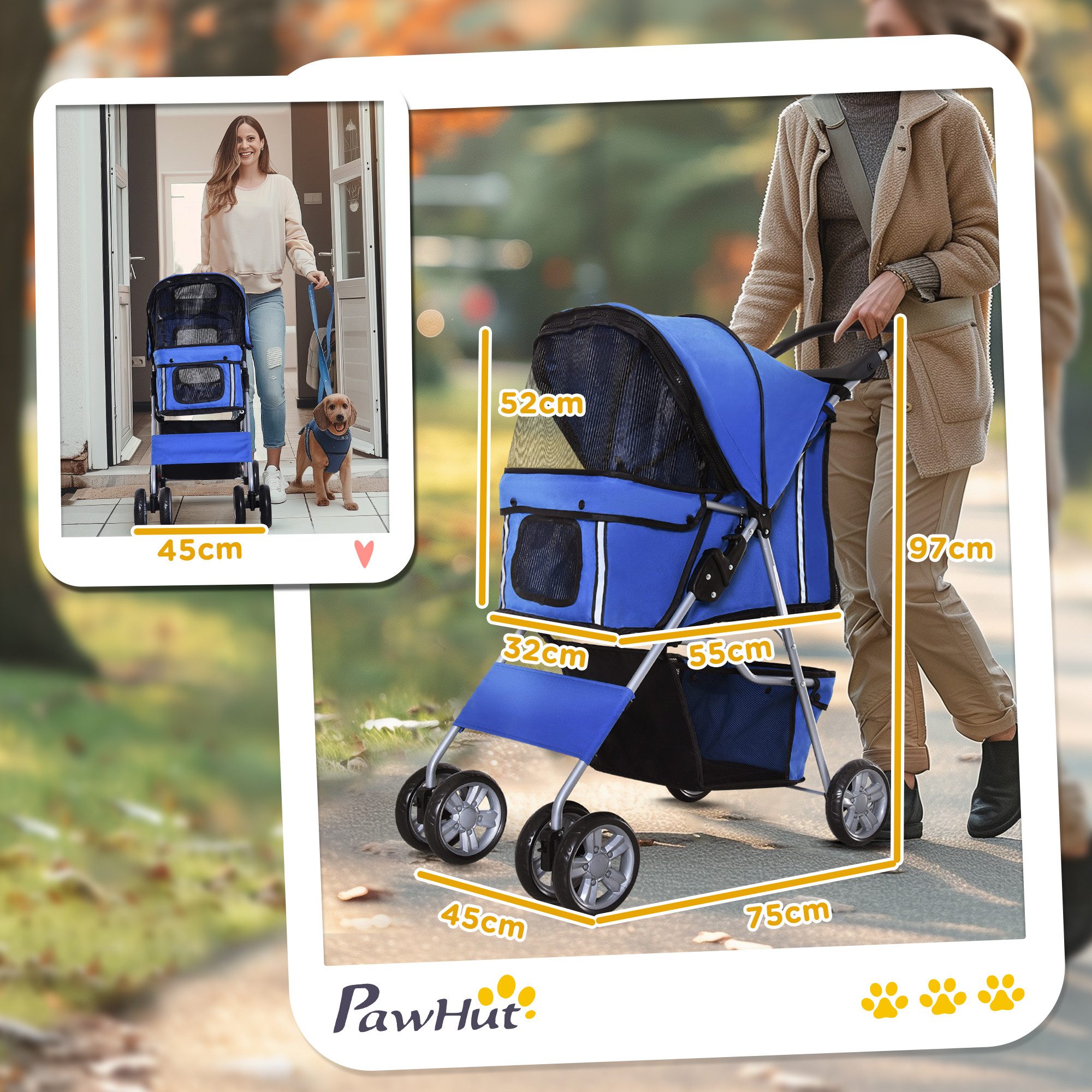 Yoimoimo Hundebuggy bis 10kg, 2-fach Klappbar & UV-Schutz, Mit Feststellbremse, (1-tlg)