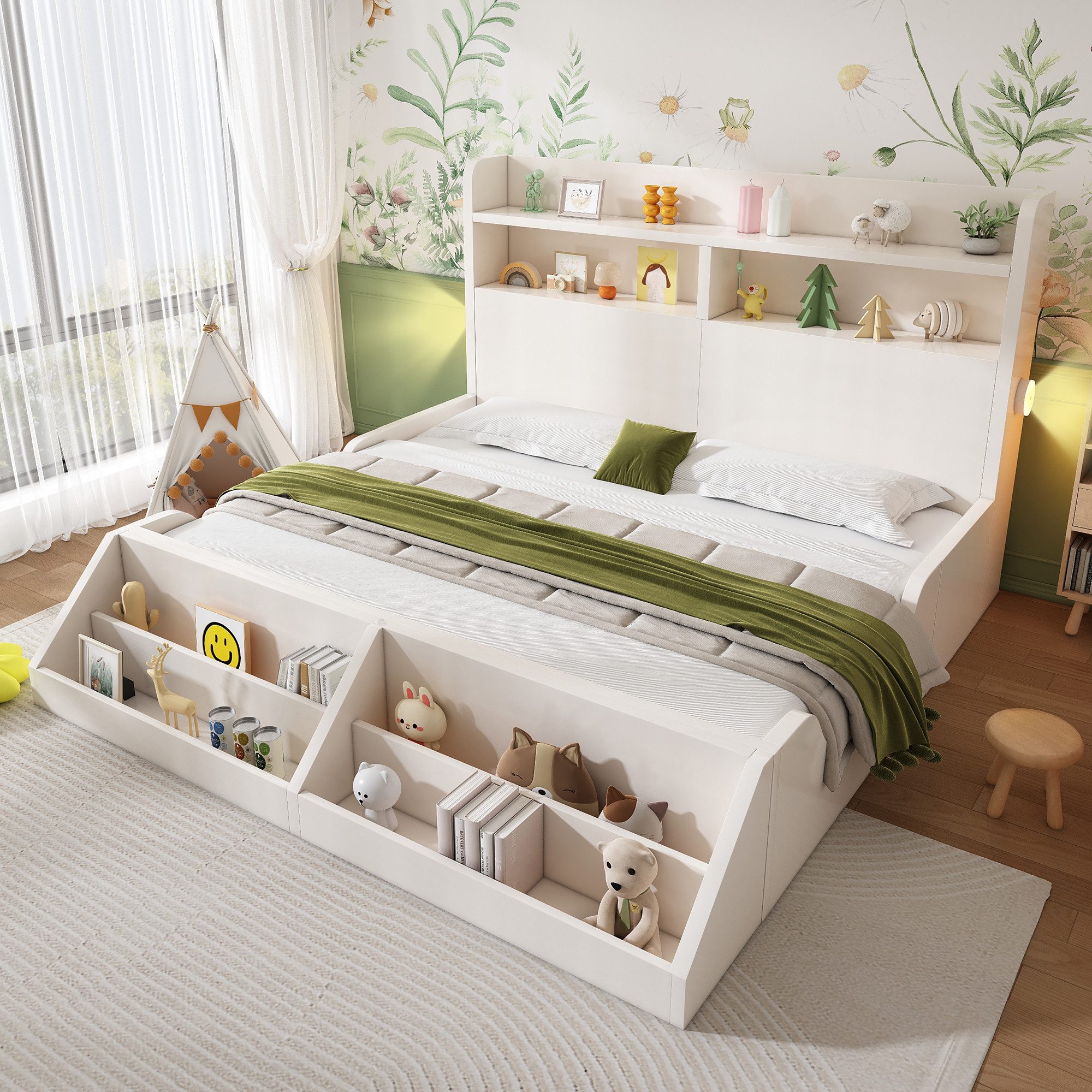 Flieks Kinderbett, Holzbett Einzelbett 140x200cm mit Nachtlicht, abnehmbarem Bücherregal
