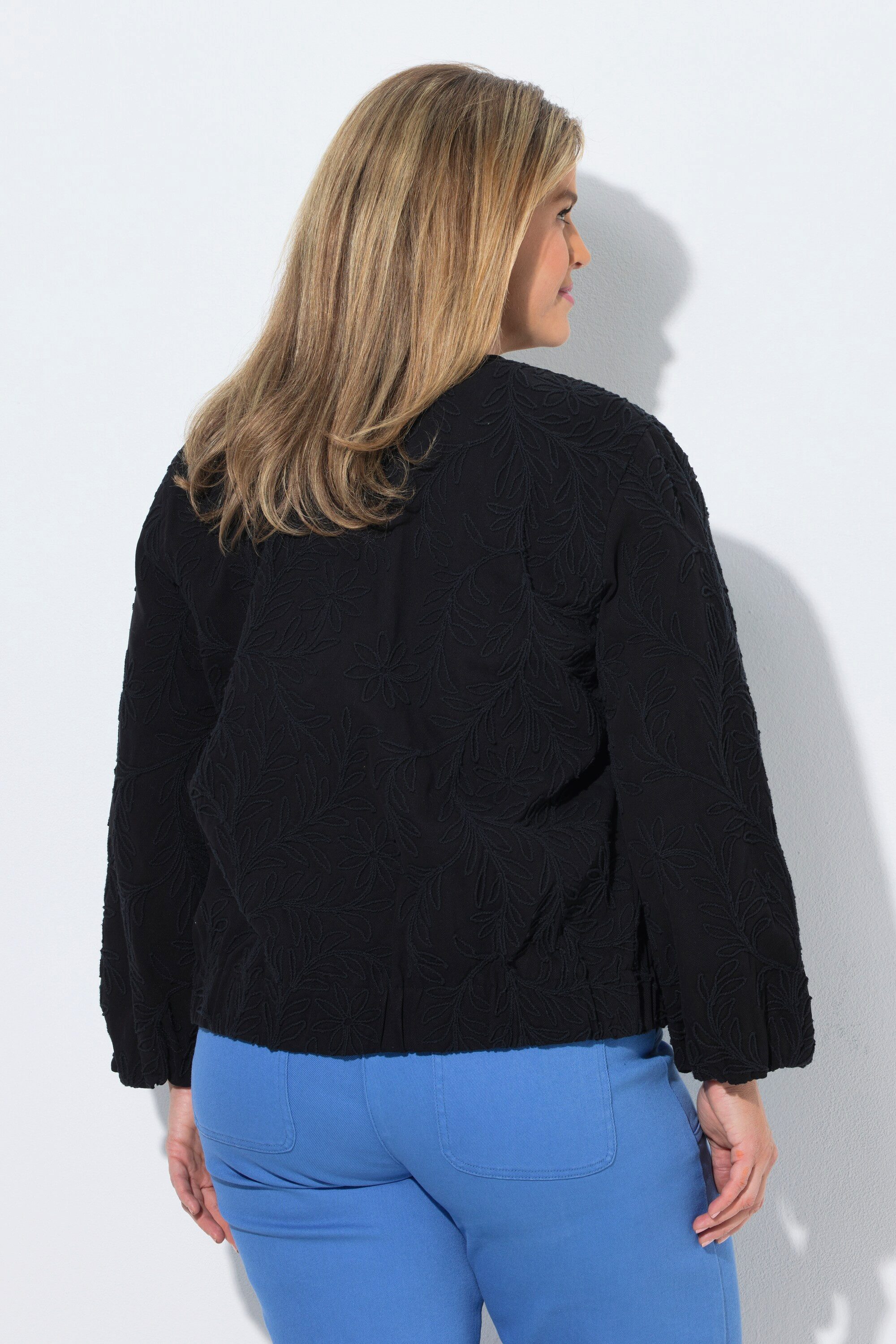 Ulla Popken Kurzjacke Blouson Stickerei Rundhals Elastiksaum Langarm