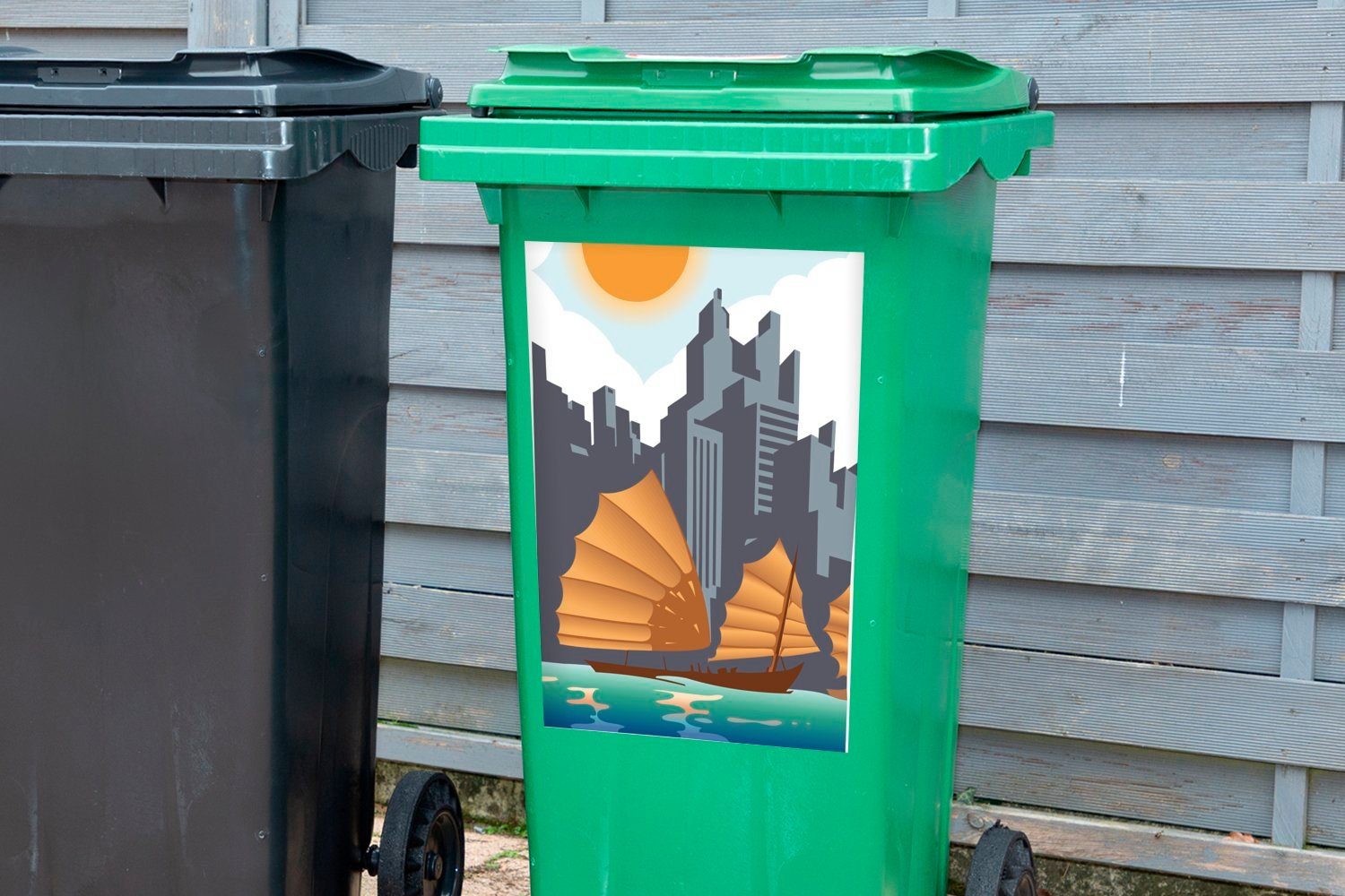 Sonne Booten mit Illustration Sticker, Mülleimer-aufkleber, Mülltonne, St), von und (1 Wandsticker Abfalbehälter Hongkong der Container, MuchoWow Bunte