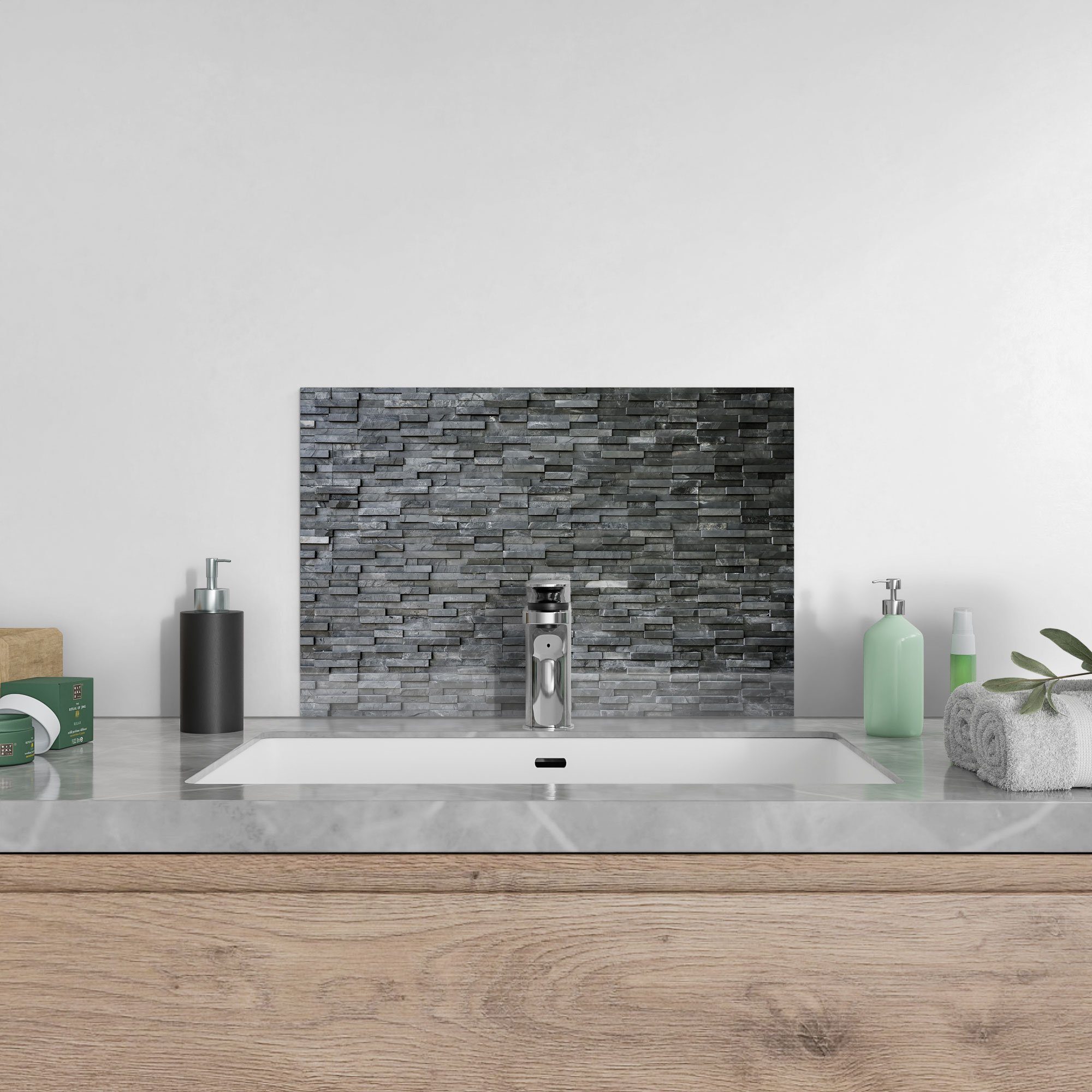 Küchenrückwand Glas Badrückwand 'Natursteinmauer', Spritzschutz DEQORI Herdblende