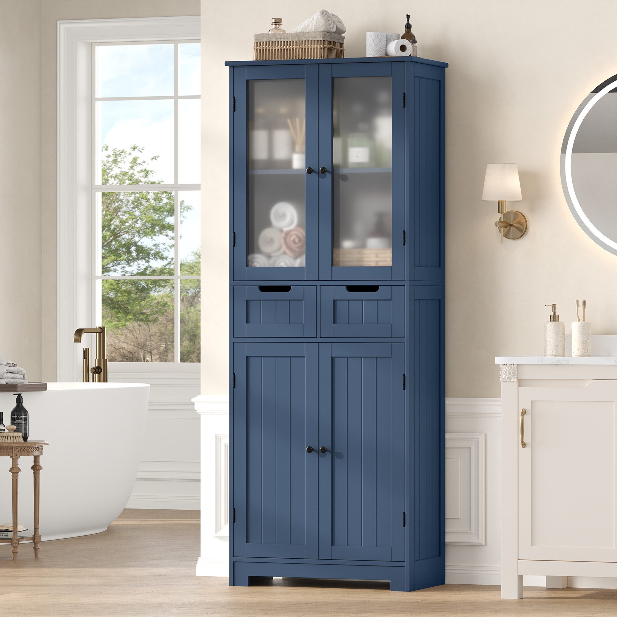 HOMECHO Hochschrank Badschrank mit 4 Türen 2 Schubladen für Küche, Bad, Weiß