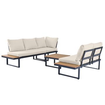 Merax Gartenlounge-Set, (1 Couchtisch, 2 Bänke, 1 Eckbank), mit Stahlrahmen und Kissen, Ecklounge, Gartenmöbel Set, Leinenbezug