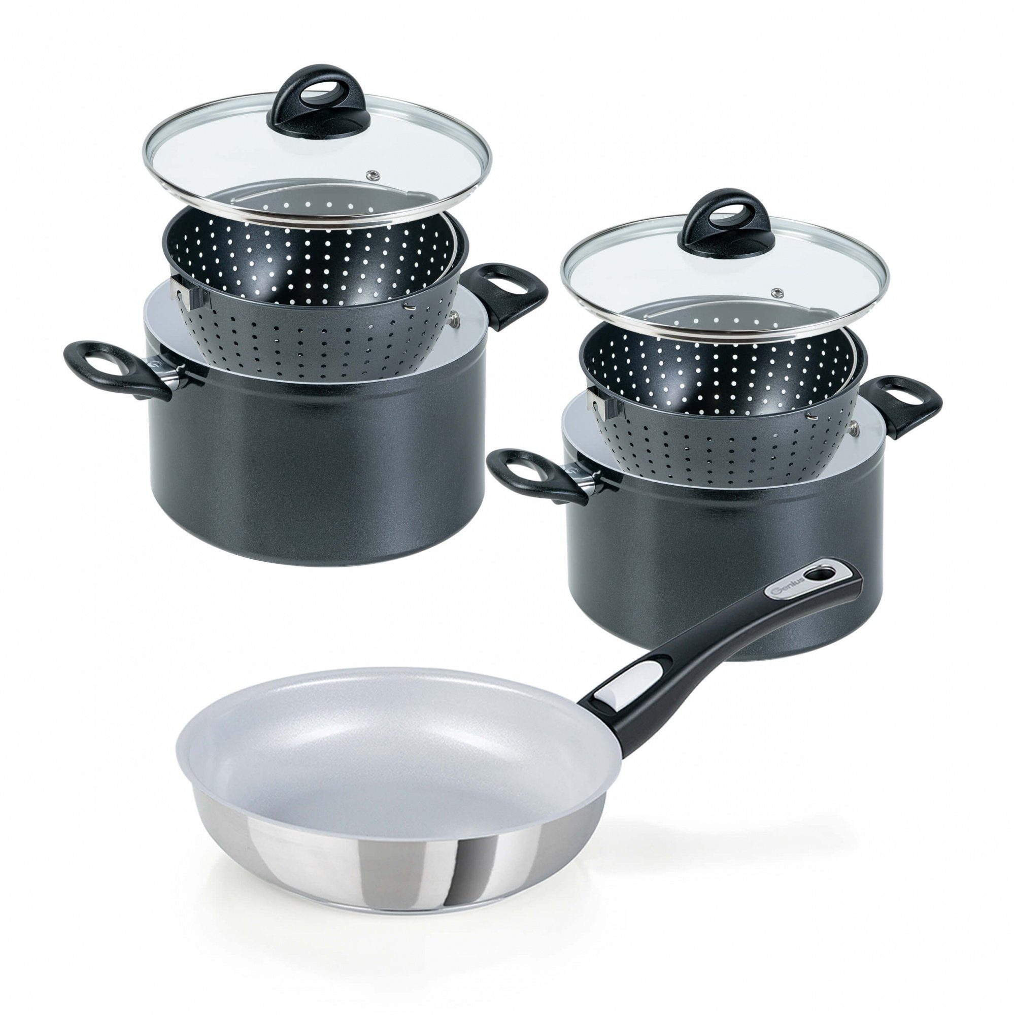 Töpfe Edelstahl Aluminium, spülmaschinengeeignet Cerafit Pot, 2 (Set, Keramik alle 2 abnehmbarer Genius 18/10, 2 induktionsgeeignet, Siebeinsätze), Griff, Herdarten, Antihaft-Beschichtung, Deckel für Magic Topf-Set