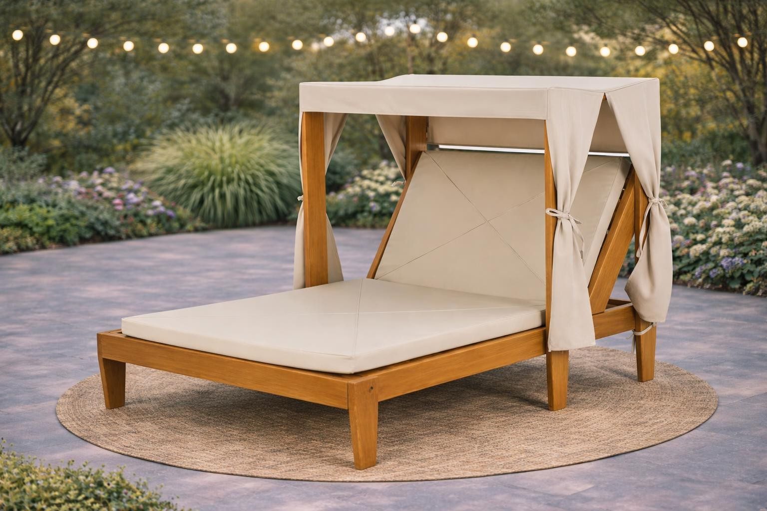 Xlmoebel Gartenliege Moderne Gartenliege aus Holz für entspannte Stunden in Weiß, 2 St., mit Kissen und Sonnendach, Made in Europa