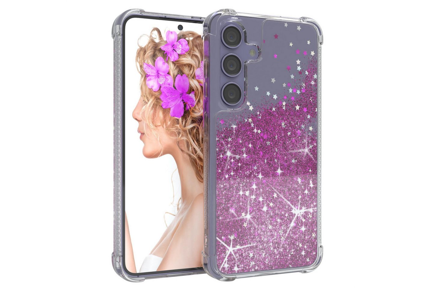 EAZY CASE Handyhülle Liquid Glittery Case für Samsung Galaxy S24 6,2 Zoll, Bumper Case Back Cover Glitter Glossy Handyhülle Etui Violett Lila