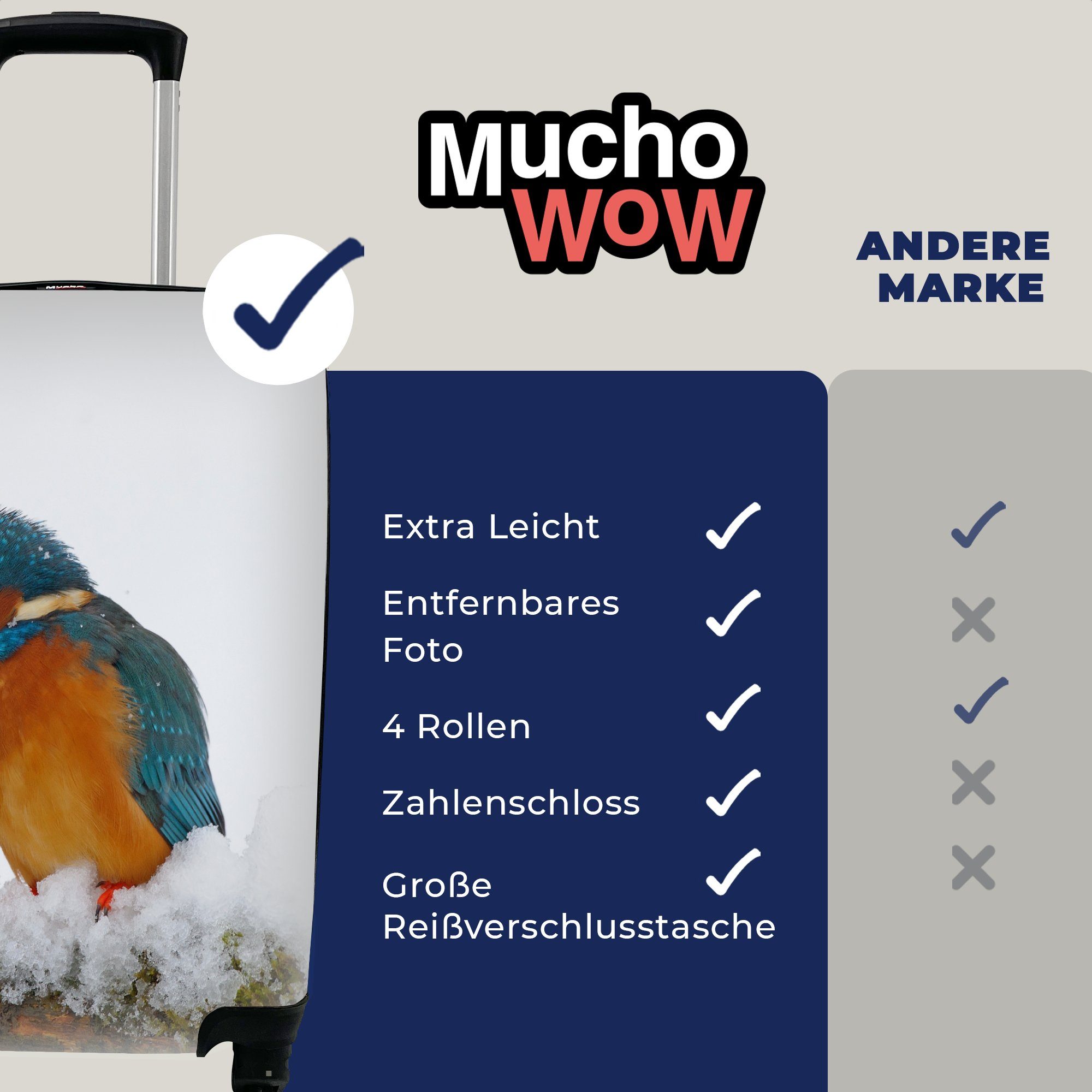 MuchoWow Handgepäckkoffer Eisvogel - Reisekoffer Handgepäck Winter, rollen, 4 Rollen, mit - für Schnee Reisetasche Trolley, Ferien