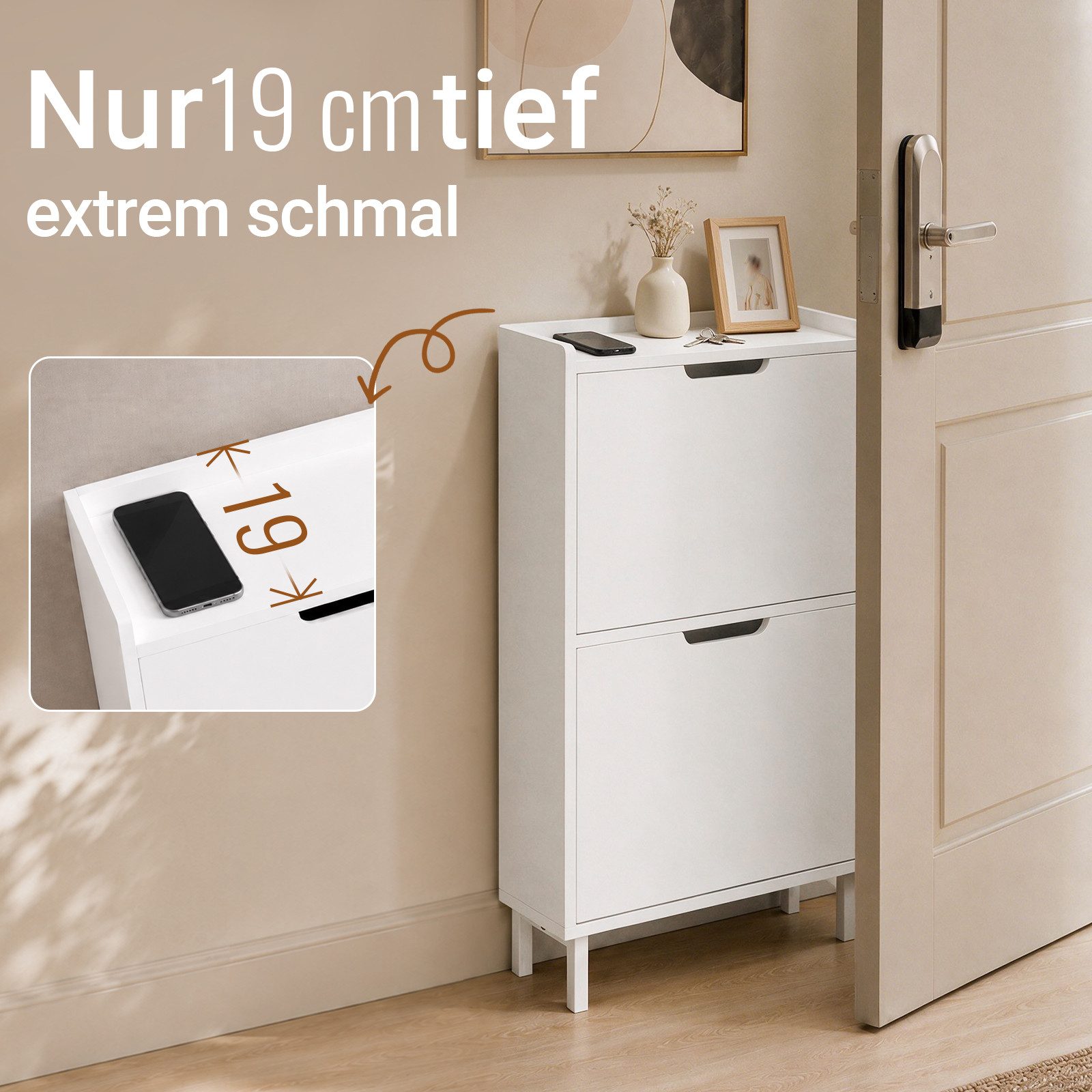 SoBuy Schuhkipper FSR151, Schuhschrank schmal, Schuhregal Schuhkipper, Schuhkommode Weiß, Schuhkipper schmal, nur 19 cm tief, für Kleine Wohnungen, Enge Flure