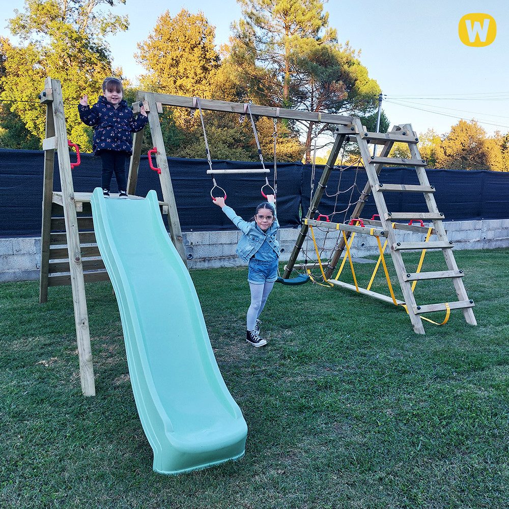 Wickey Doppelschaukel Smart Shake – Kinderschaukel mit Rutsche & Motorik-Modulen, (Holzschaukel - Kompaktes Multitalent mit Zubehör individuell erweiterbar, Gar – Bild 5 von 5
