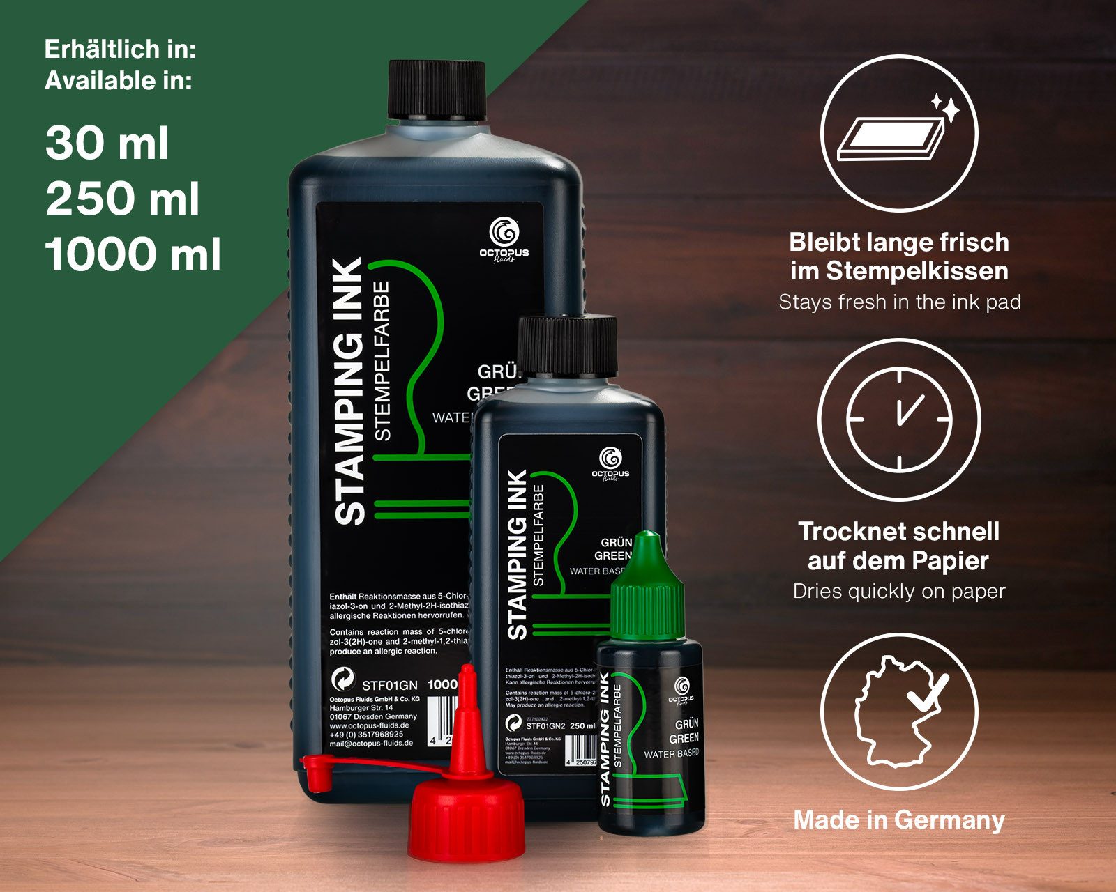 OCTOPUS Fluids Stempelfarbe für Stempelkissen, Selbstfärber ohne Öl, grün 30ml Stempelkissen