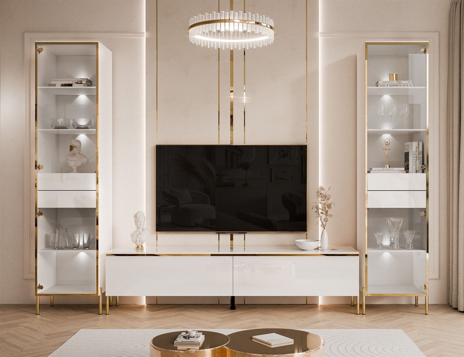 ALLHOUSE24 Wohnzimmer-Set Möbelset PEONY GOLD mit LED weiß Hochglanz Glasvi günstig online kaufen