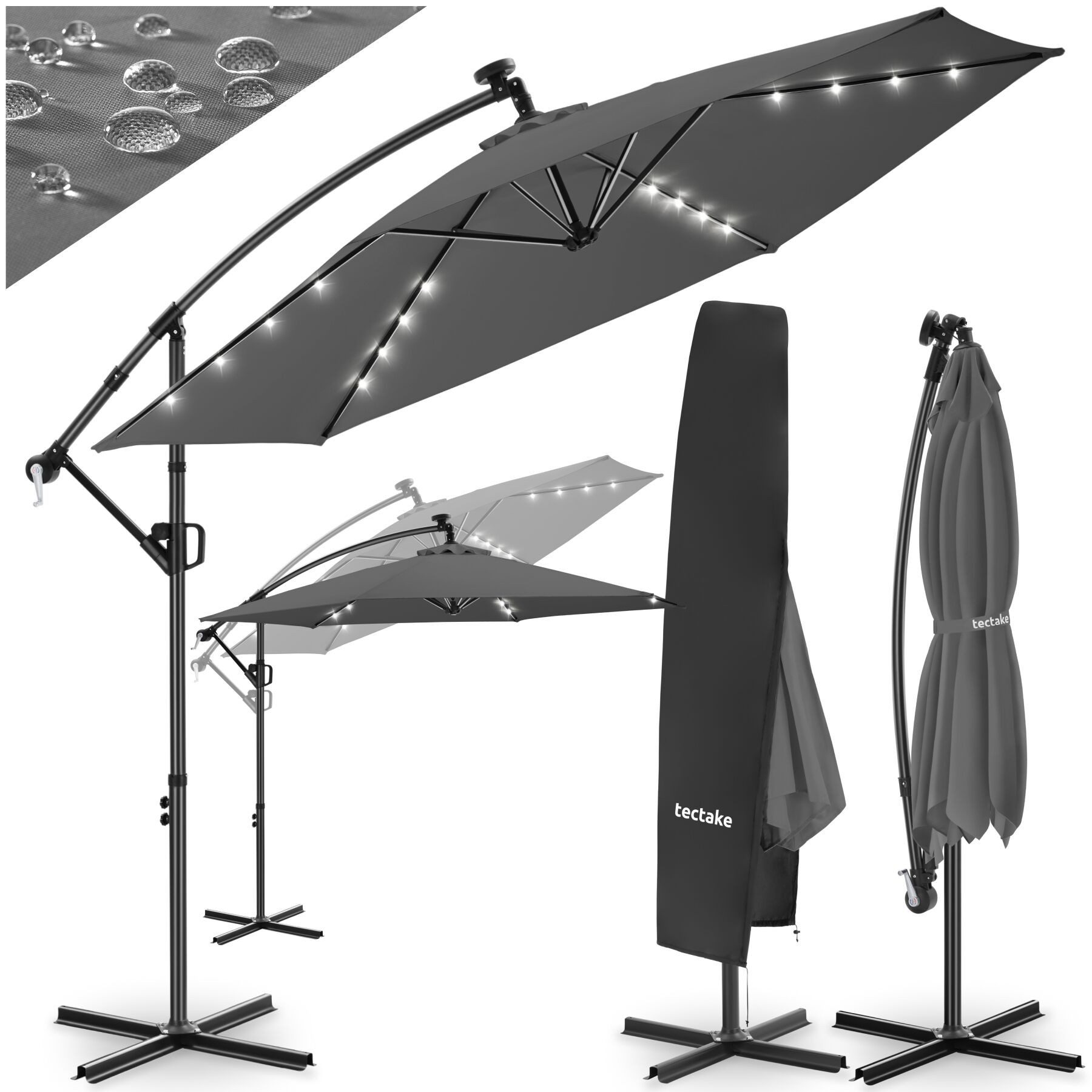 tectake Ampelschirm Sonnenschirm mit Doppeldach und LED Solar-Beleuchtung, 3 x 3 m, Balkonschirm Artemis, für Außen in Grau, 360° drehbar, wasserabweisend, neigbar, Kurbel, inkl. Schutzhülle