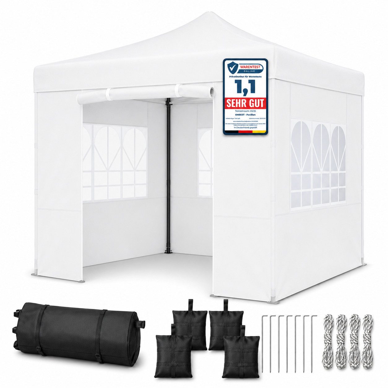 Onbest Pavillon Partyzelt Faltzelt Premium 3x3 Pop-Up mit viel Zubehör, mit 4 Seitenteilen, 420 PU Silver Coated Oxford, wasserdicht, UV 50+