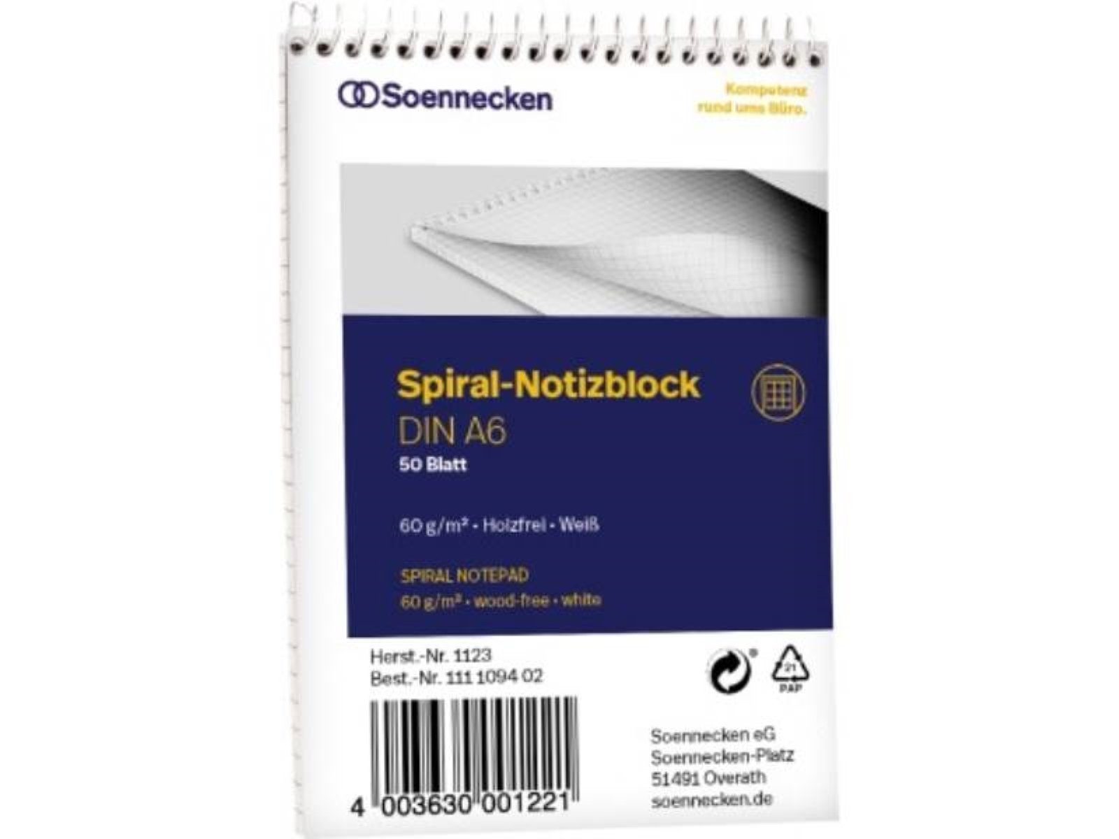 Soennecken Notizblock Soennecken Notizblock 1123 DIN A6 60g kariert 50Blatt weiß