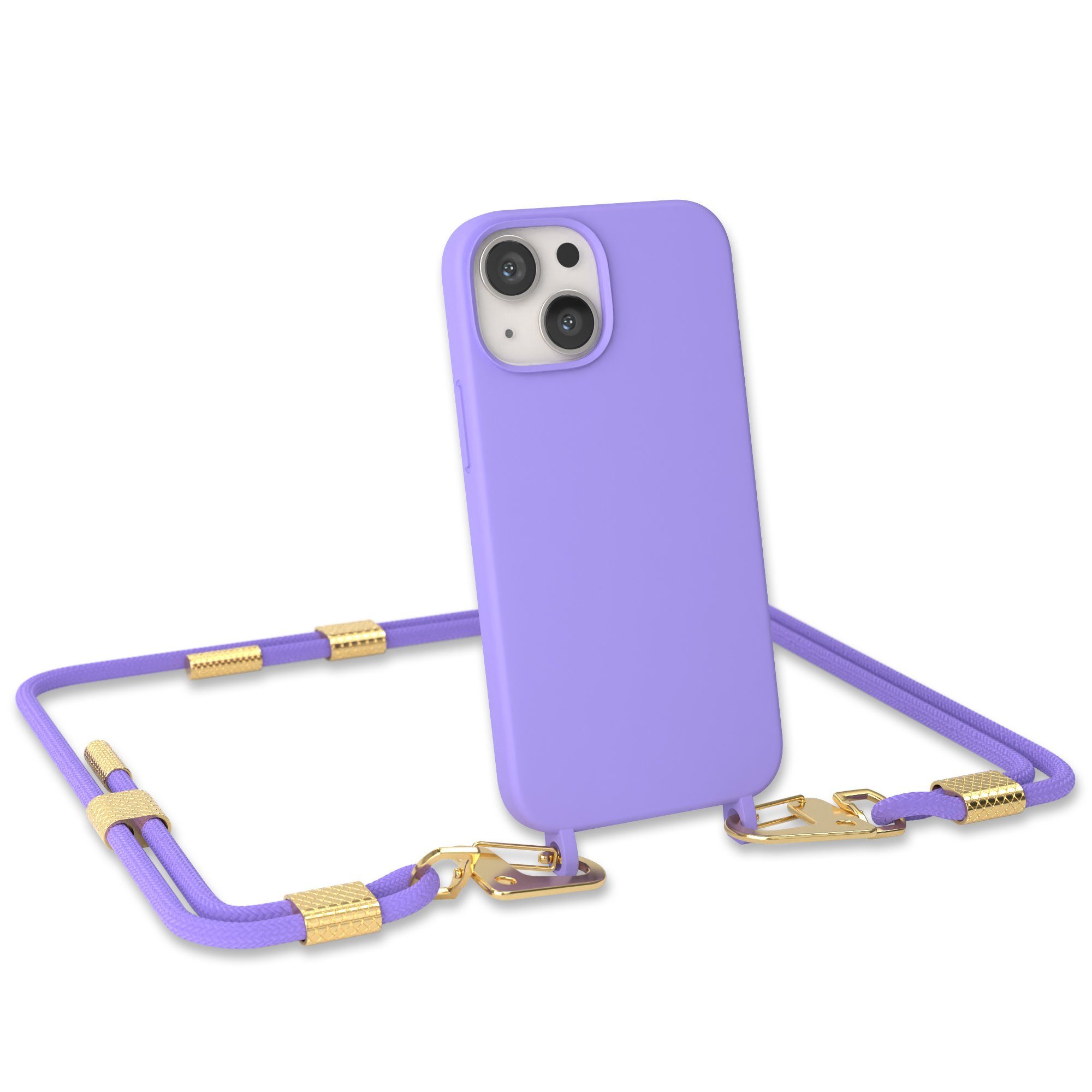 EAZY CASE Handykette Carabiner Chain für Apple iPhone 13 Mini 5,4 Zoll, Smartphonekette Cover Silikonhülle Umhängetasche Flieder Lila Gold