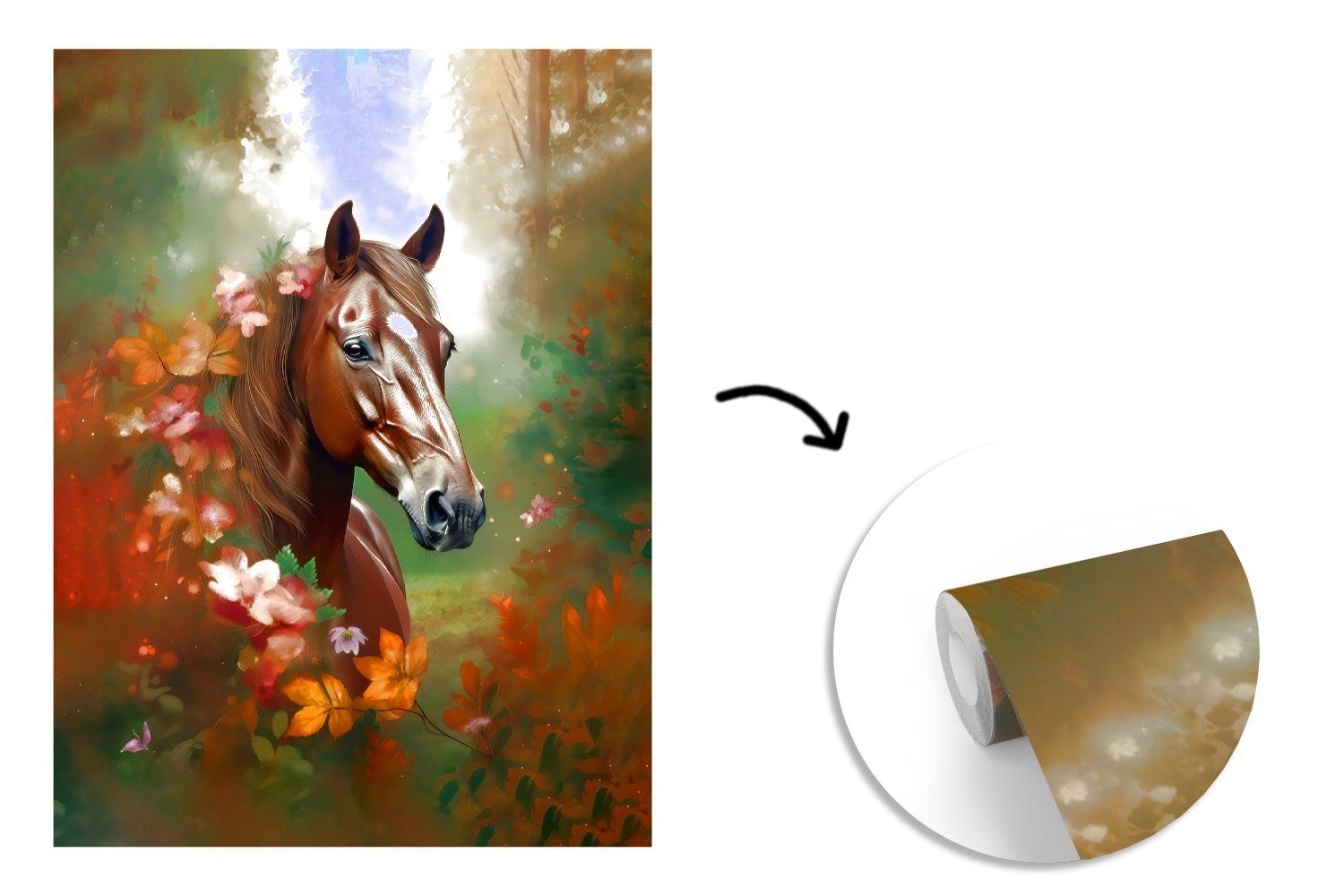 - bedruckt, - Pferd MuchoWow Tiere Fototapete Natur Orange, Tapete (4 Wandtapete Vinyl für Wohnzimmer, - Matt, Blumen Wald - St), Montagefertig -