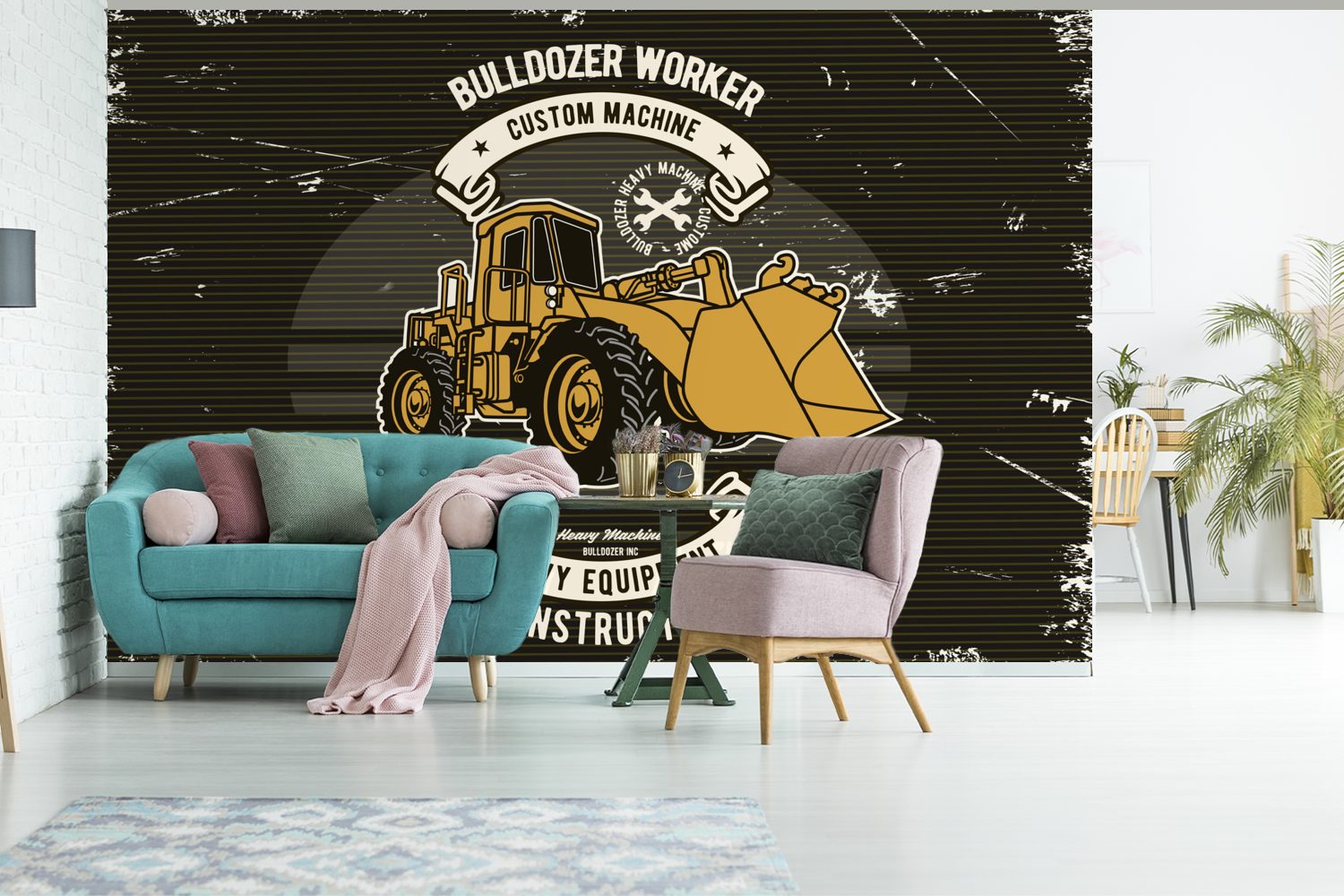 Bulldozer - Schlafzimmer, Tapete MuchoWow Fototapete für Vinyl Vintage Angebot, Wohnzimmer, bedruckt, St), Kinderzimmer, (6 - Wallpaper Matt,
