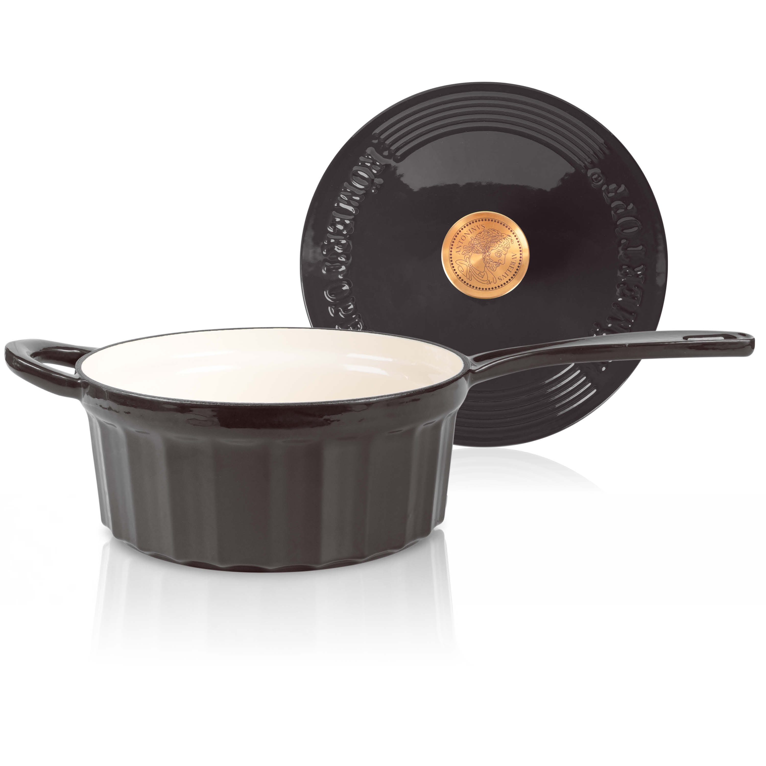 RÖMERTOPF Bratentopf Gusseisen Stielkasserolle 22cm Schwarz, Gusseisen (Set, 2-tlg., Set mit Deckel), Gleichmäßige Hitze, alle Herdarten, Backofenfest bis 250 °C