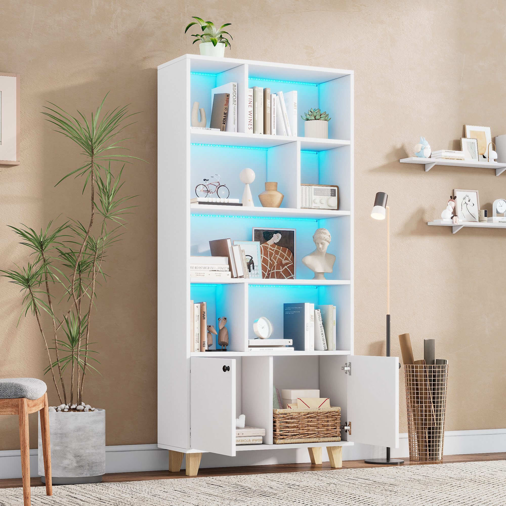 Merax Bücherregal Bücherschrank mit LED-Ambientebeleuchtung, 80x30x173 cm 1-tlg., Aufbewahrungschrank mit 7 Fächern, Doppeltüren und Massivholzbeinen