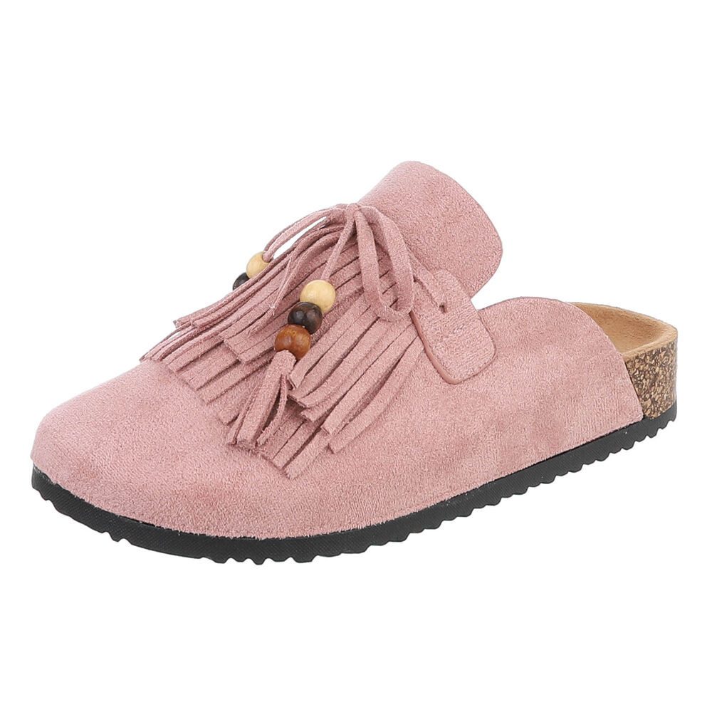 Ital-Design Damen Clog mit Fransen und Perlen, Schlupfschuh Pantolette (91742343) Flach Pantoletten in Altrosa