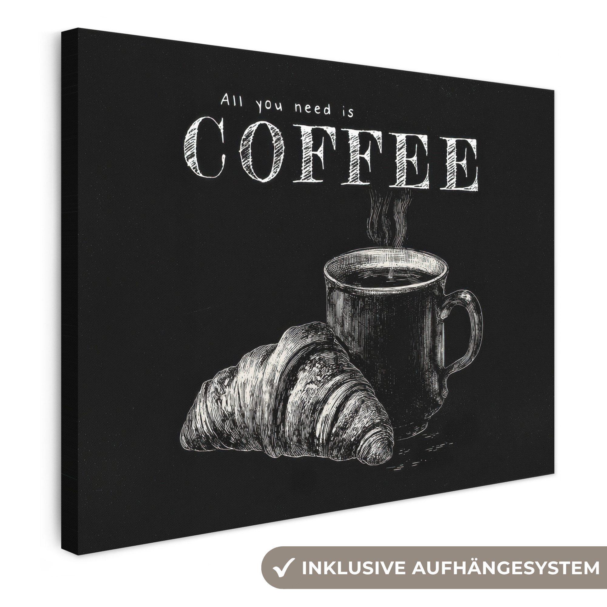 OneMillionCanvasses® Leinwandbild Kaffee - Croissant - Text, Fotodruck (1 St), Wandbild Leinwandbilder, Aufhängefertig, Wanddeko 40x30 cm