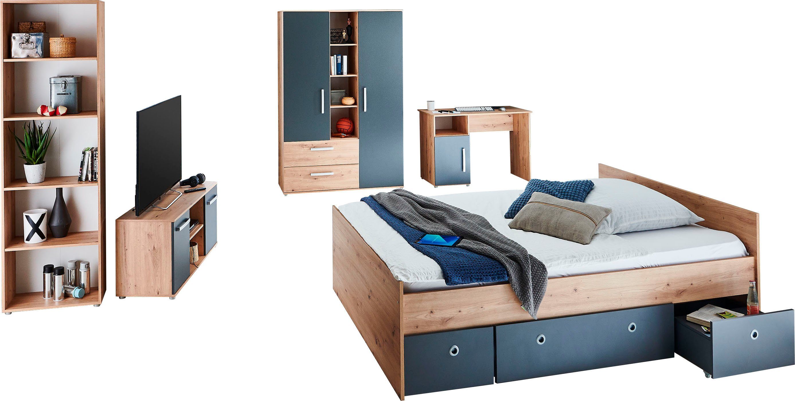 arthur berndt Jugendzimmer-Set Alessio, (Set, 6-tlg., Kleiderschrank, Bett mit Schubkasten, Schreibtisch, Bücherregal etc), mit Melamin-Oberfläche