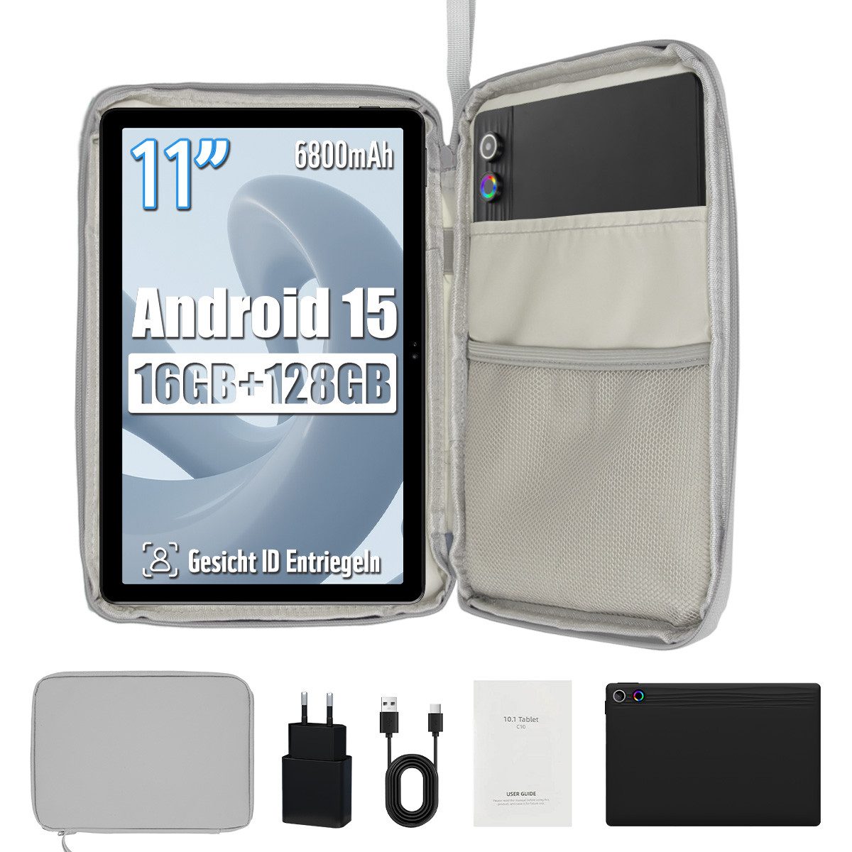 Happybe 11 Zoll Android 15, 128GB 1 TB TF Erweiterbar, HD 1280x800, 6800mAh Tablet (11", 128 GB, Android, 2,4G/5G WiFi, 16(4+12)GB RAM, Dual Kamera, WiFi 6, Bluetooth 5,3)