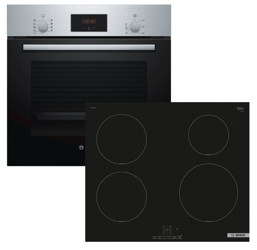 BOSCH Backofen-Set Teleskopauszug 3D-Heißluft + Induktionskochfeld Booster autark 60 cm