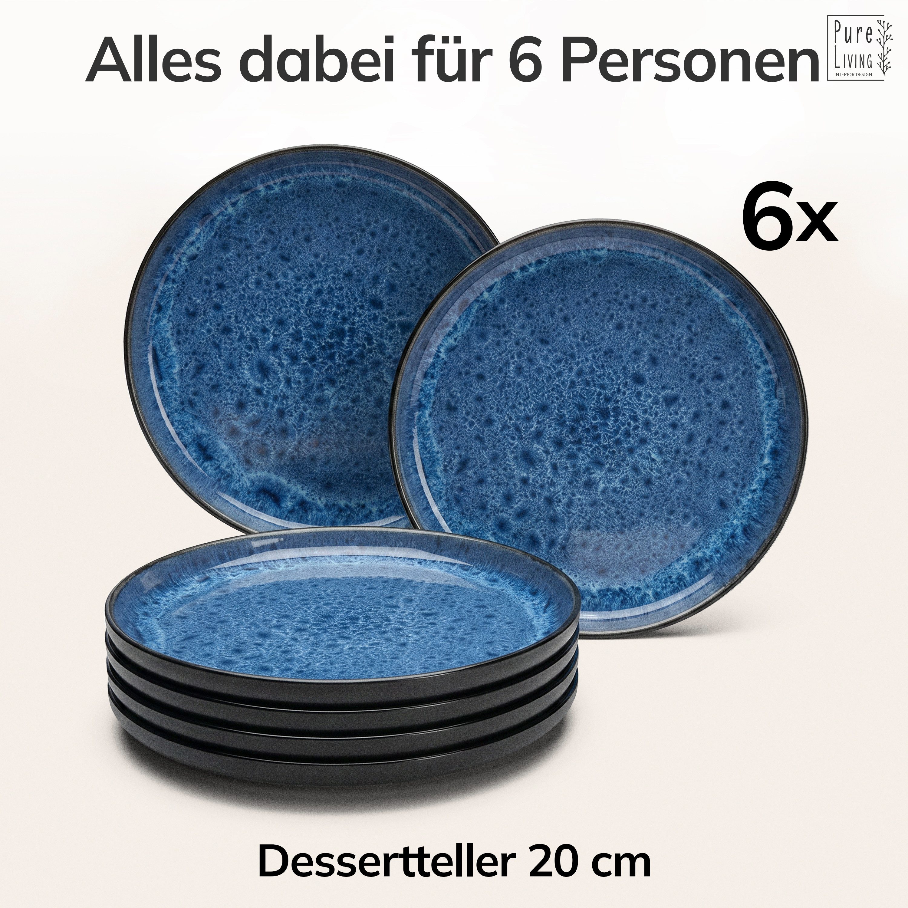 PURE LIVING INTERIOR DESIGN Geschirr-Set Ibiza Dessertteller, Frühstückteller, 6er-Set, 20 cm, Tiefblau (6-tlg), 6 Personen, Steingut – Bild 5 von 5