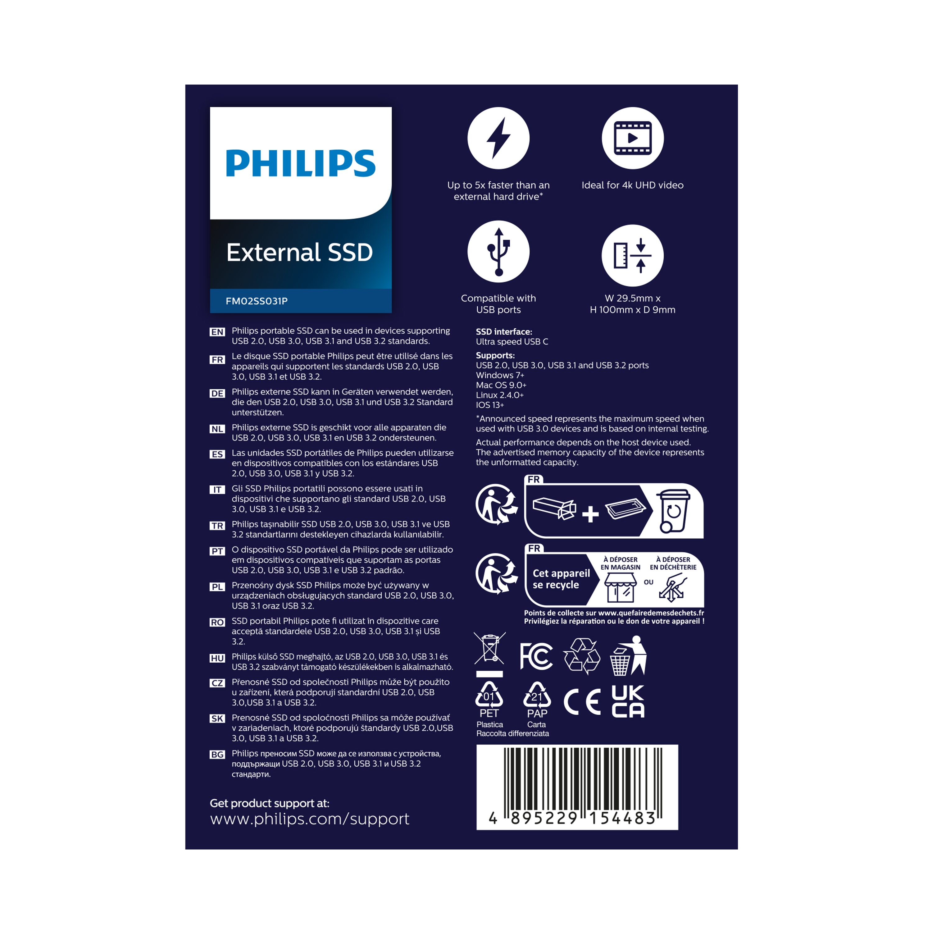 Philips Portable SSD 2 TB, FM02SS031P/00 externe SSD (2TB) 550 MB/S Lesegeschwindigkeit, 530 MB/S Schreibgeschwindigkeit, Ultra Speed USB-C 3.2, Space Grey, Aluminium