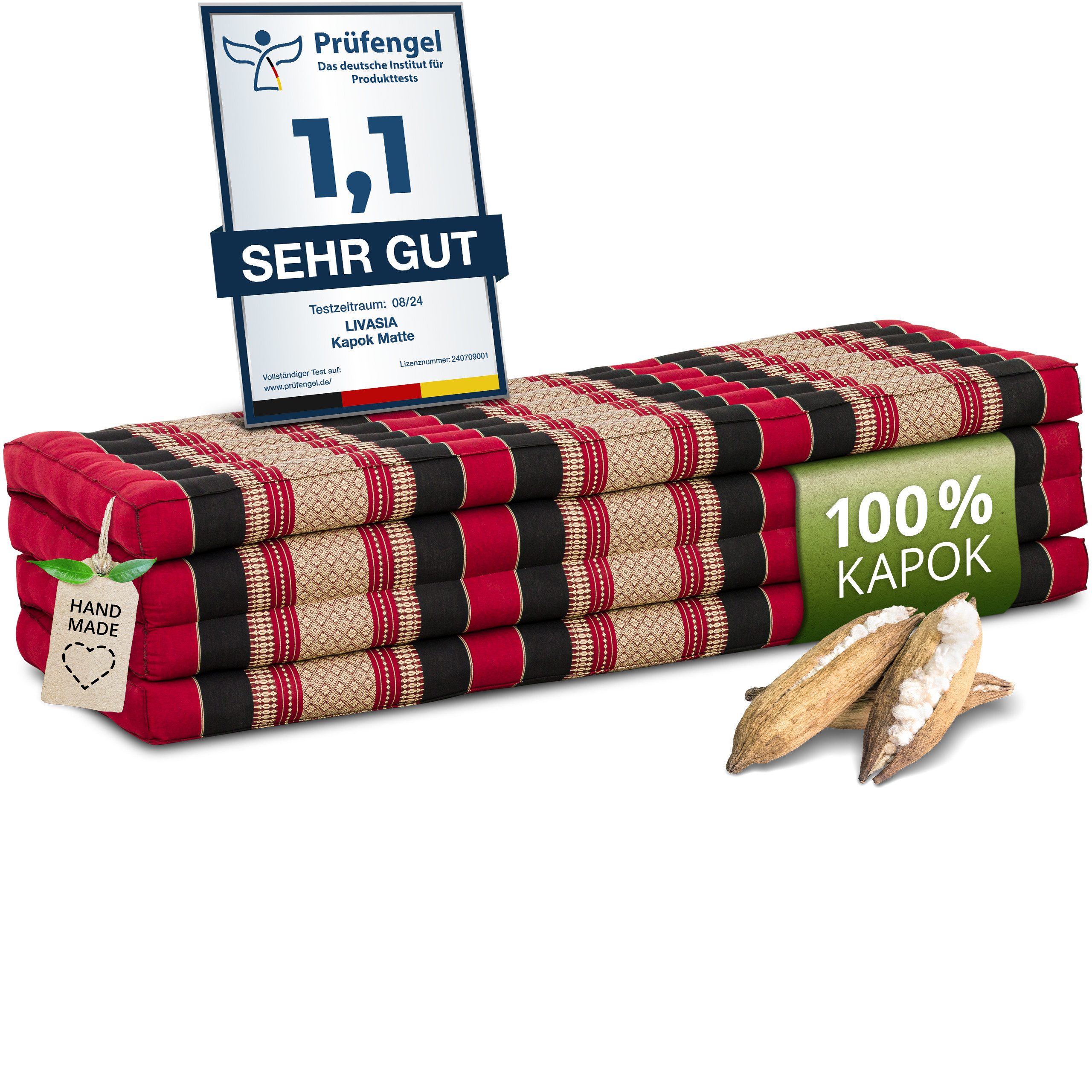 Klappmatratze Faltmatratze 140 cm (Classic) - 200x140x8cm -, livasia, 8 cm hoch, Kapok, vegan, handgefertigt