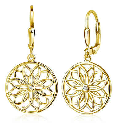 Materia Paar Ohrhänger Damen Gold Blume Mandala Zirkonia SO-503, Sterlingsilber, vergoldet