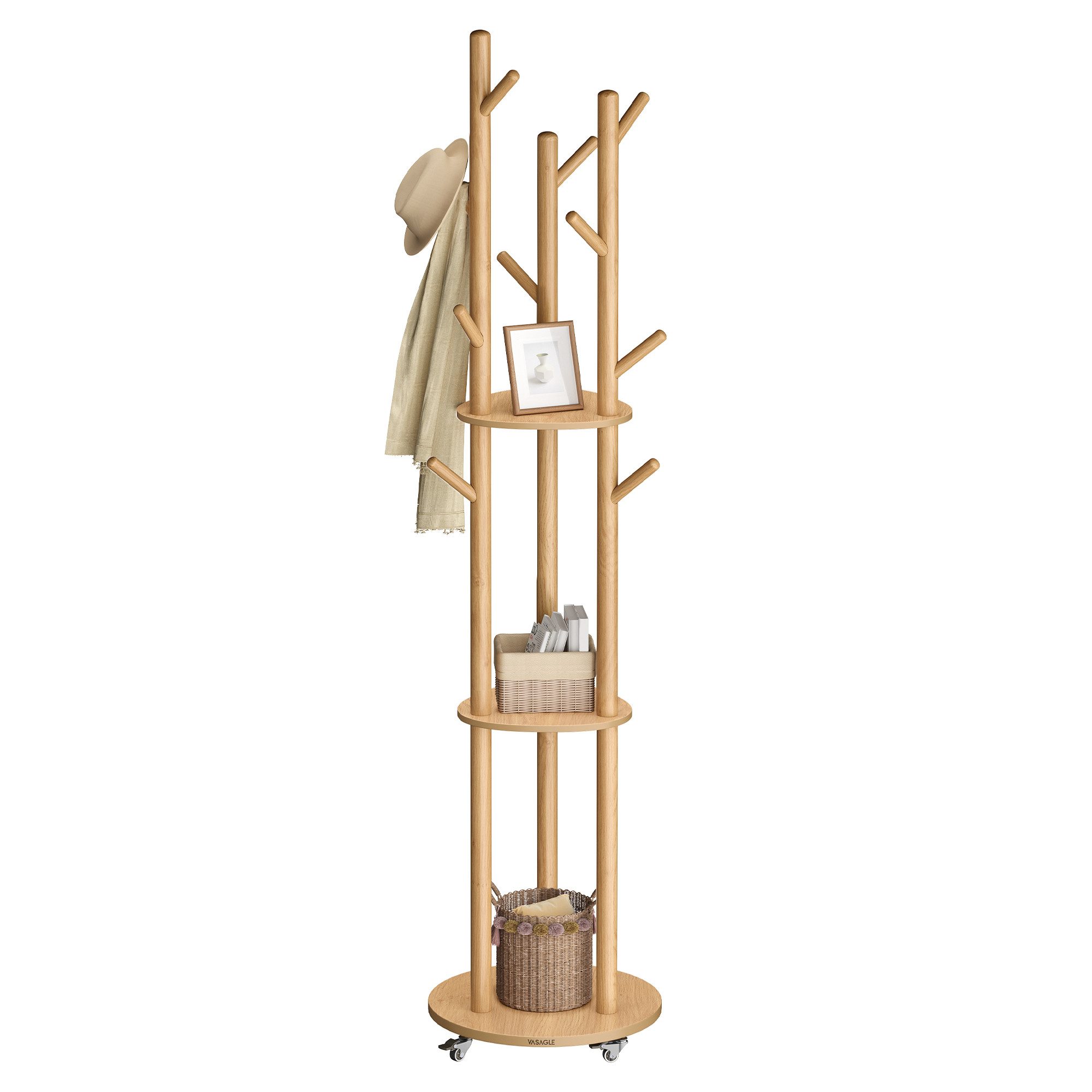 VASAGLE Garderobenständer Kleiderständer, mit 11 Haken und 3 Ablagen, 4 drehbare und abnehmbare Rollen