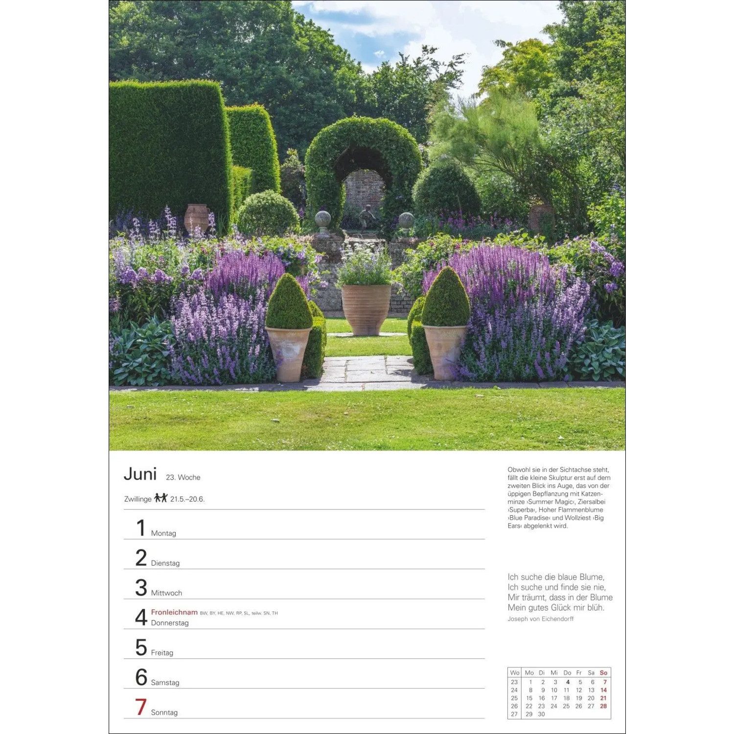 Harenberg Kalender Verlag Wandkalender Gartenparadiese Wochenplaner 2026 - 53 stimmungsvolle Fotografien