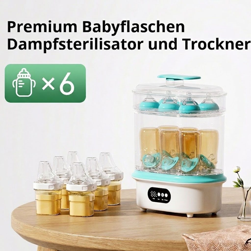 Tekoo Dampfsterilisator Vaporisator mit Trocknungsfunktion 4-in-1 für 6 Babyflaschen, 4-teiliges Set, 4-in-1 Funktion: Sterilisieren, Trocknen, Erwärmen & Aufbewahren