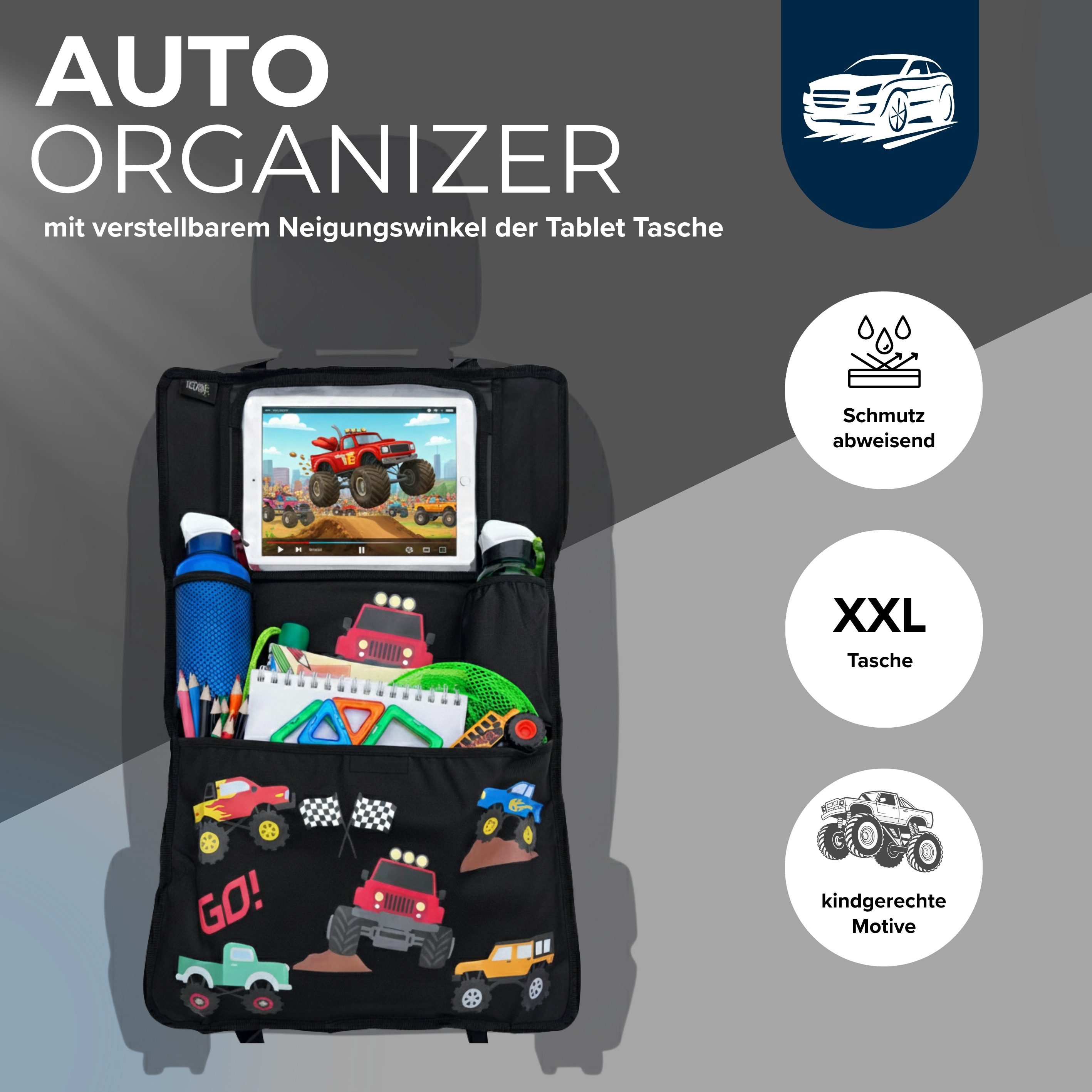 HECKBO Rücksitzorganizer Kinder Auto Organizer Monster Truck (2-tlg)
