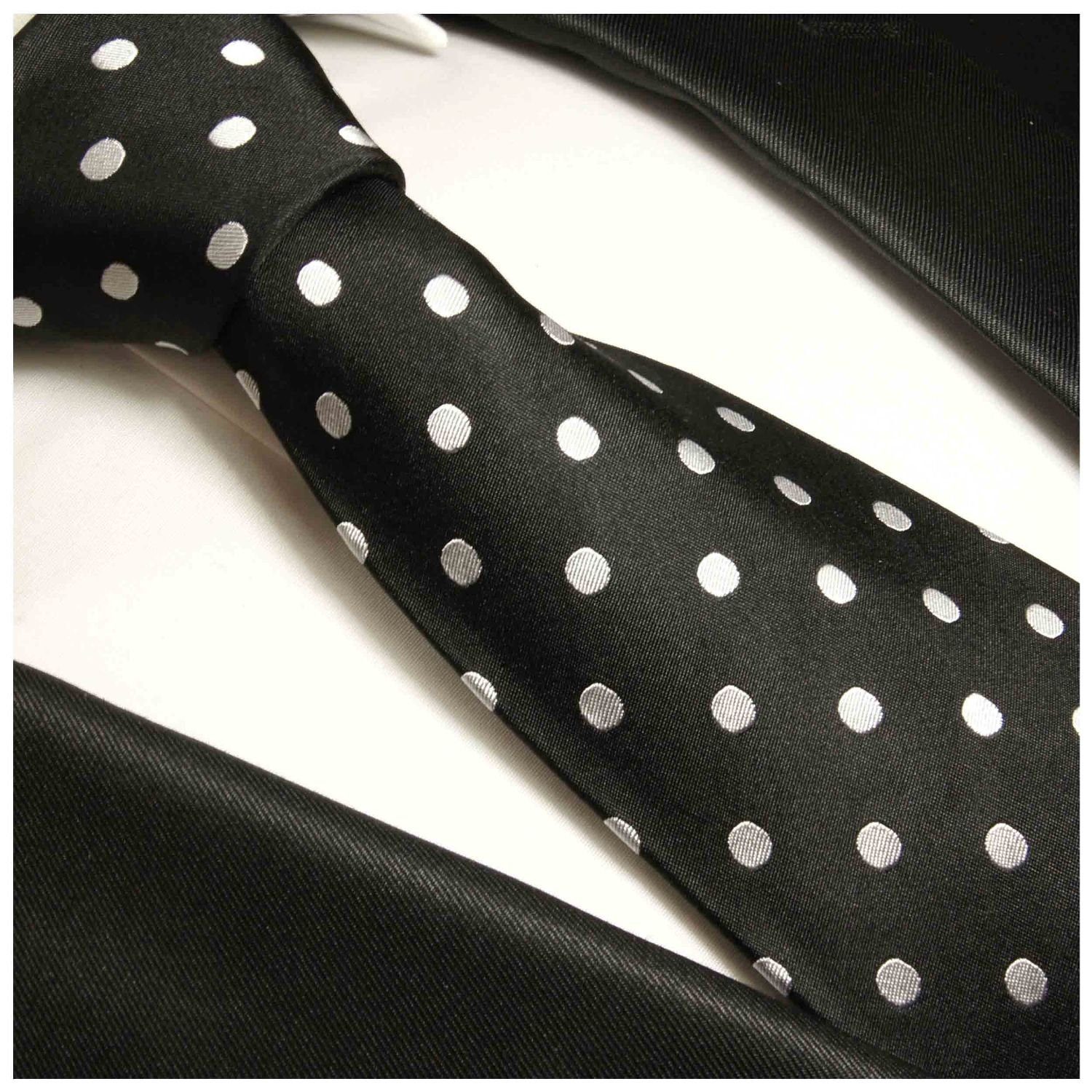Paul Malone Krawatte 100% Herren Tuch modern Einstecktuch) Seidenkrawatte 2-St., Seide Krawatte schwarz 976 (8cm), und (Set, Breit gepunktet mit silber